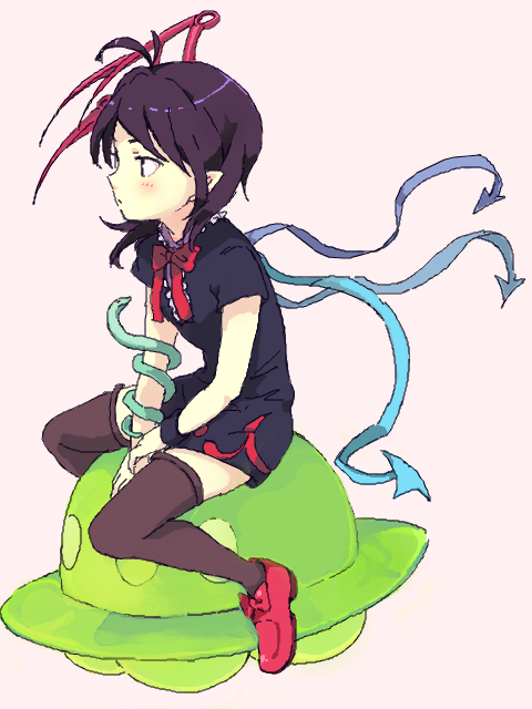 1girl antenna_hair arm_support asymmetrical_wings between_legs black_dress black_hair black_thighhighs blue_wings blush bow bowtie closed_mouth dress expressionless footwear_bow frills from_side full_body hand_between_legs hiramei houjuu_nue jaggy_lines loafers looking_ahead medium_hair oekaki pink_background pointy_ears profile red_bow red_bowtie red_shoes red_wings shoes short_dress short_hair short_sleeves simple_background sitting snake snake_armband solo tegaki thighhighs tomoe_(symbol) touhou ufo wings wristband zettai_ryouiki