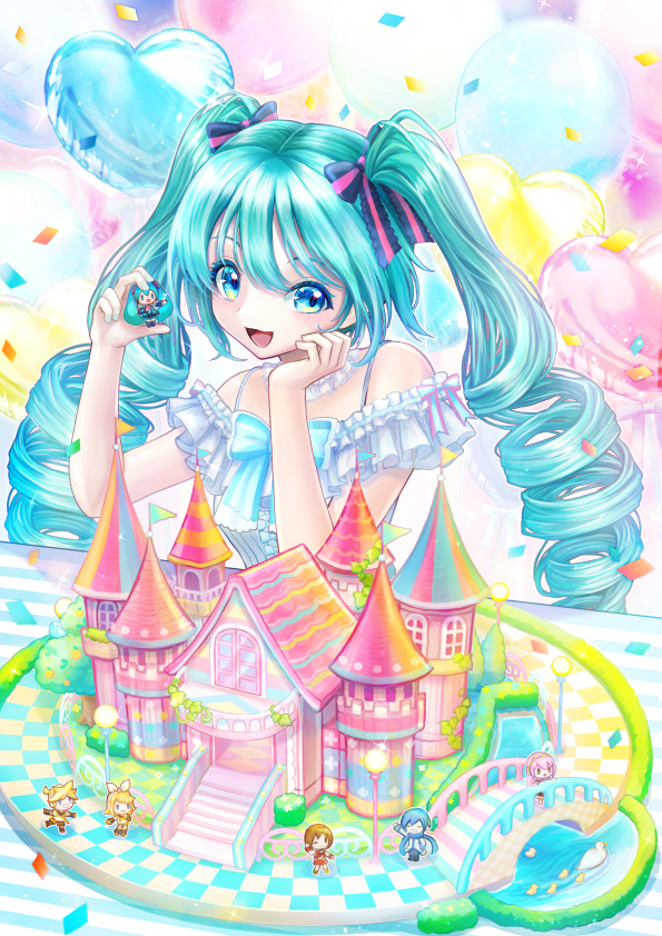 1girl balloon blue_bow blue_hair bow castle commentary confetti doll drill_hair english_commentary hatsune_miku heart_balloon holding holding_toy kagamine_len kagamine_rin kaito_(vocaloid) kumaoka_pon megurine_luka meiko_(vocaloid) open_mouth solo sparkle striped_bow toy toy_house twin_drills vocaloid