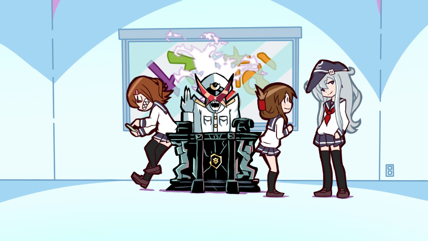 1boy 3girls admiral_(kancolle) admiral_(kancolle)_(cosplay) alpha_omega_nova black_legwear brown_hair cellphone cosplay crossover desk full_body glasses hair_ornament hat hibiki_(kancolle) ikazuchi_(kancolle) inazuma_(kancolle) kantai_collection luluco midori_(uchuu_patrol_luluco) military military_hat military_uniform multiple_girls over_justice parody phone raythalosm school_uniform serafuku sharp_teeth skirt style_parody sunglasses teeth thighhighs uchuu_patrol_luluco white_hair
