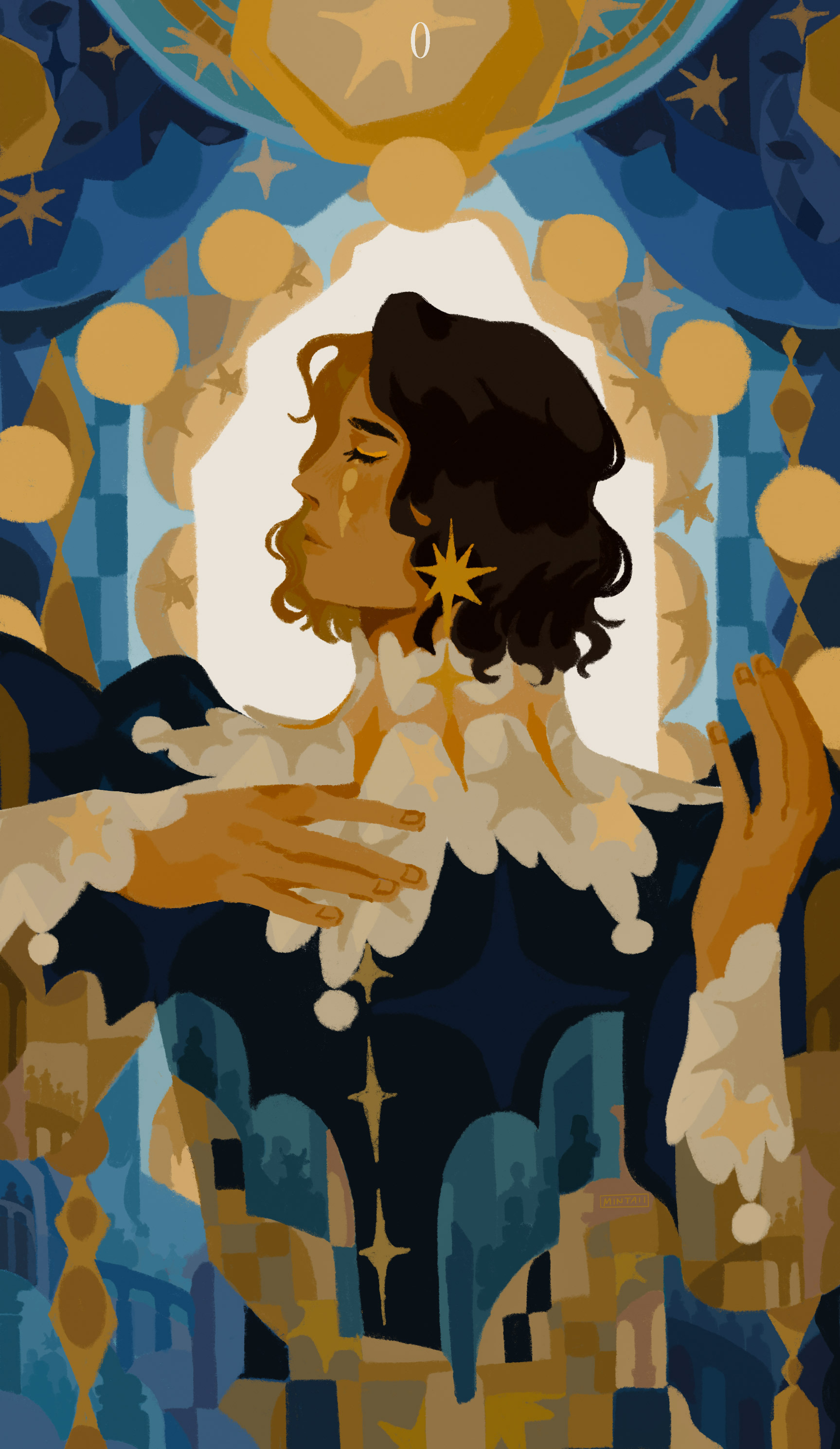 1girl absurdres androgynous architecture blue_dress brown_hair card_(medium) closed_eyes collar commentary dress earrings english_commentary facial_mark fantasy gold_earrings hand_on_own_chest hands_up highres indoors jewelry limited_palette long_sleeves numbered original parted_lips profile puffy_sleeves short_hair solo spearmintaii star_(symbol) star_button star_earrings tarot tarot_(medium) the_fool_(tarot) wavy_hair white_collar white_wrist_cuffs wrist_cuffs yellow_eyeliner
