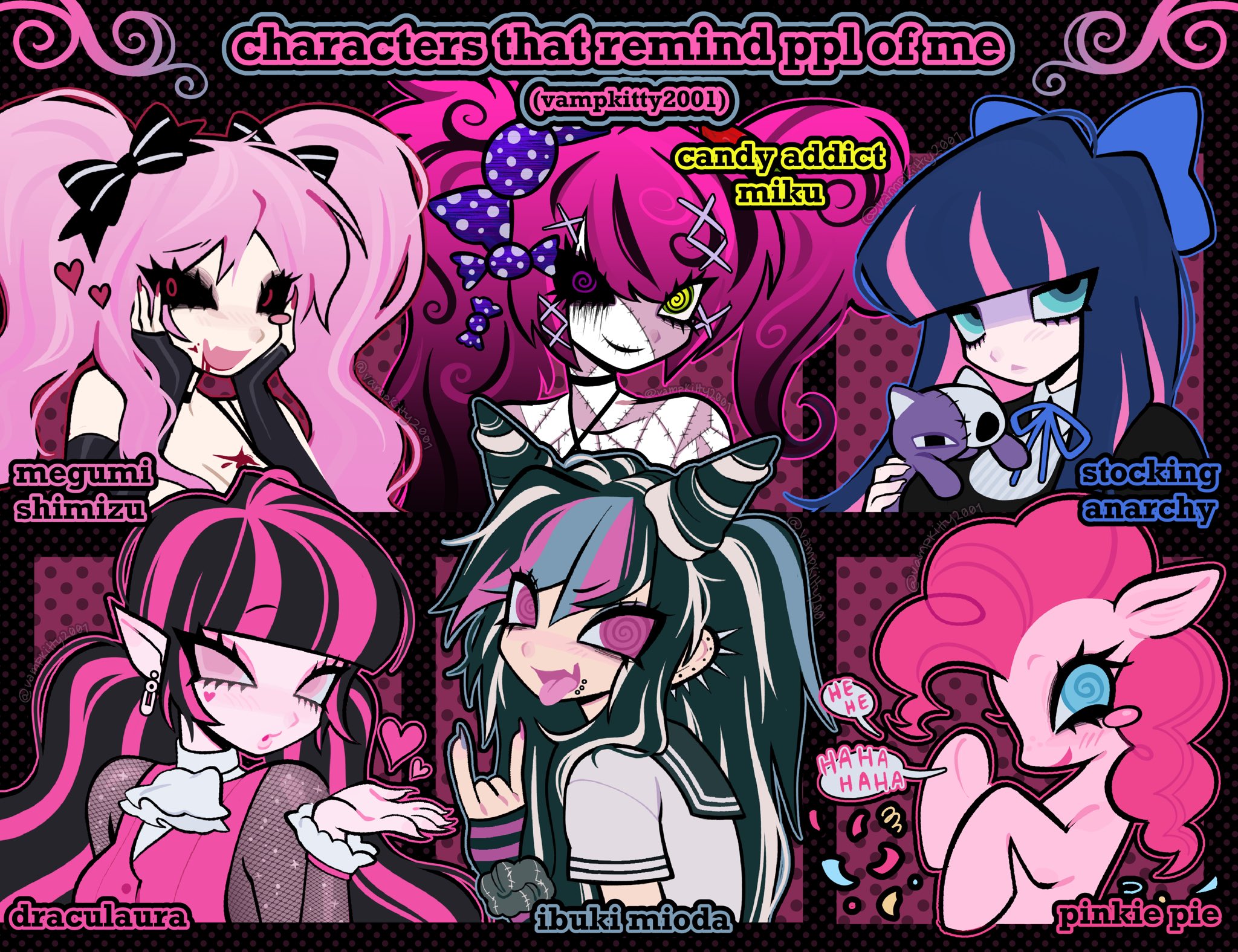 5girls @_@ \m/ animal ascot big_hair black_hair black_sclera blood blowing_kiss blue_bow blue_eyes blue_hair bow breasts candy_addict_full_course_(vocaloid) cleavage colored_sclera colored_skin commentary curly_hair danganronpa_(series) danganronpa_2:_goodbye_despair draculaura english_commentary english_text eyelashes hair_bow hatsune_miku highres honekoneko_(psg) horns horse laughing long_hair mioda_ibuki monster_high monster_high_(g1) multicolored_hair multiple_drawing_challenge multiple_girls my_little_pony my_little_pony:_friendship_is_magic panty_&_stocking_with_garterbelt pink_eyes pink_skin pinkie_pie pony_(animal) punk safety_pin scene_fashion school_uniform serafuku shiki_(novel) shimizu_megumi six_fanarts_challenge speech_bubble stocking_(psg) streaked_hair stuffed_animal stuffed_cat stuffed_toy thick_eyelashes thick_lineart twintails vampire vampkitty2001 vocaloid white_ascot