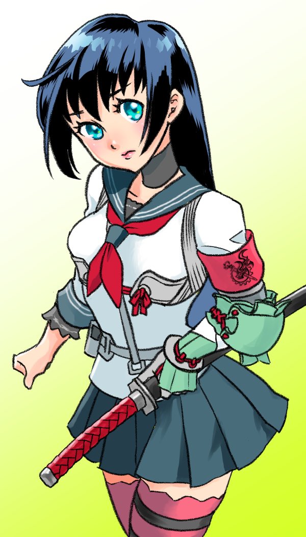 1girl 7th_dragon_(series) 7th_dragon_2020 armband armor belt_pouch black_choker blue_eyes blue_hair blue_sailor_collar chest_harness choker closed_mouth commentary_request cowboy_shot dark_blue_hair gauntlets gradient_background green_background harness holding holding_sword holding_weapon katana katanako long_hair looking_at_viewer mikagami_ei neckerchief pleated_skirt pouch red_armband red_neckerchief red_thighhighs sailor_collar samurai_(7th_dragon) shirt sidelocks simple_background single_gauntlet skirt solo sword thigh_strap thighhighs weapon white_shirt