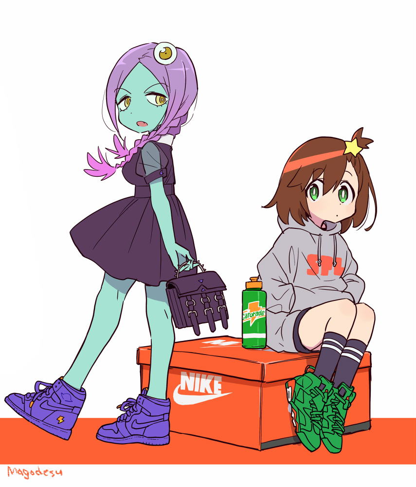 2girls aqua_skin bag black_dress bottle braid brown_hair colored_skin drawstring dress full_body gatorade green_eyes green_footwear hair_ornament holding holding_bag hood hoodie looking_at_viewer luluco mago midori_(uchuu_patrol_luluco) multiple_girls nike_(company) purple_footwear purple_hair shorts sitting standing star_(symbol) star_hair_ornament uchuu_patrol_luluco