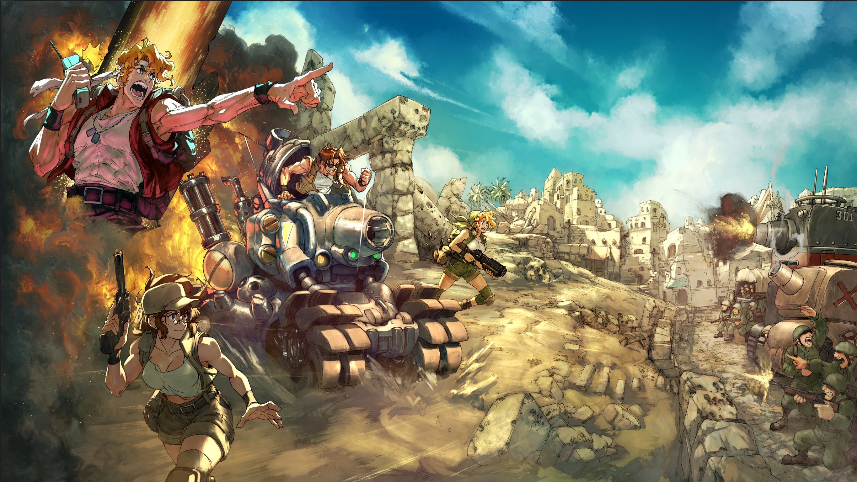army blonde_hair breasts brown_hair cleavage david_liu explosion fio_germi gun handgun highres holding holding_walkie-talkie holding_weapon kasamoto_eri marco_rossi metal_slug metal_slug_tactics military_vehicle motor_vehicle official_art open_mouth pointing promotional_art revolver sv001_(metal_slug) tank tank_top tarma_roving textless_version vest walkie-talkie weapon