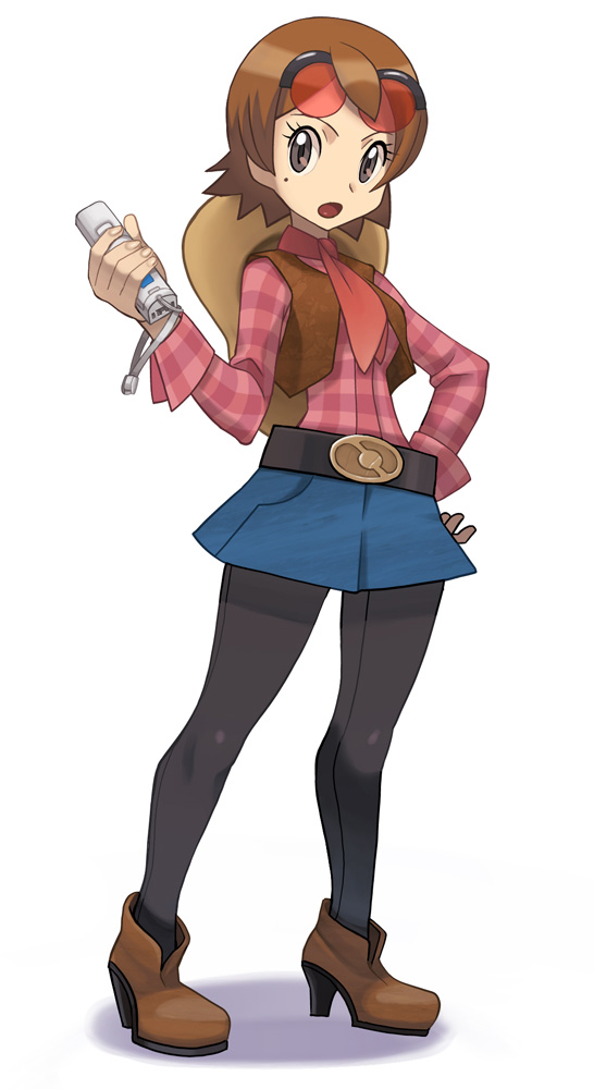 1girl bad_id bad_pixiv_id belt boots brown_eyes brown_hair controller cowboy_hat cowboy_western female_focus full_body game_console game_controller hand_on_own_hip hat hayley_(pokemon) high_heels hip_focus legs mole my_pokemon_ranch nintendo pantyhose pokemon ryuntack shoes skirt solo standing sunglasses vest wii wii_remote