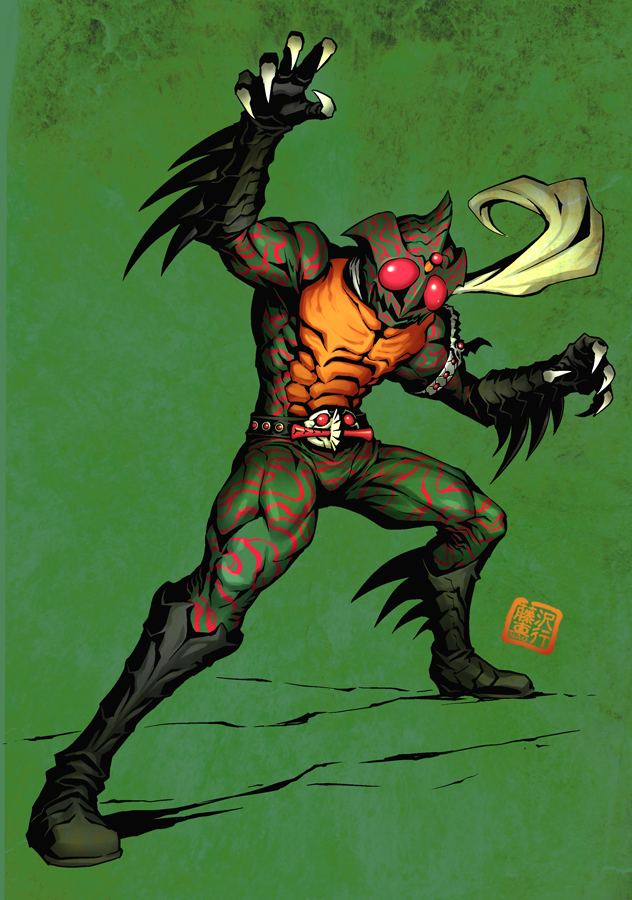 1boy arm_blade arm_up belt claws fins fujisawa_naoyuki green_theme kamen_rider kamen_rider_amazon kamen_rider_amazon_(series) male_focus mask red_eyes scarf signature solo tokusatsu weapon
