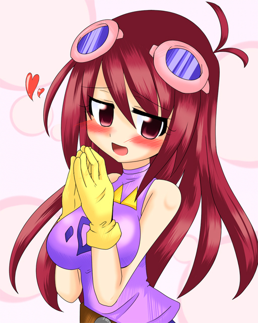 1girl breasts digimon female_focus goggles goggles_on_head kizuna_(digimon) long_hair medium_breasts red_eyes red_hair solo