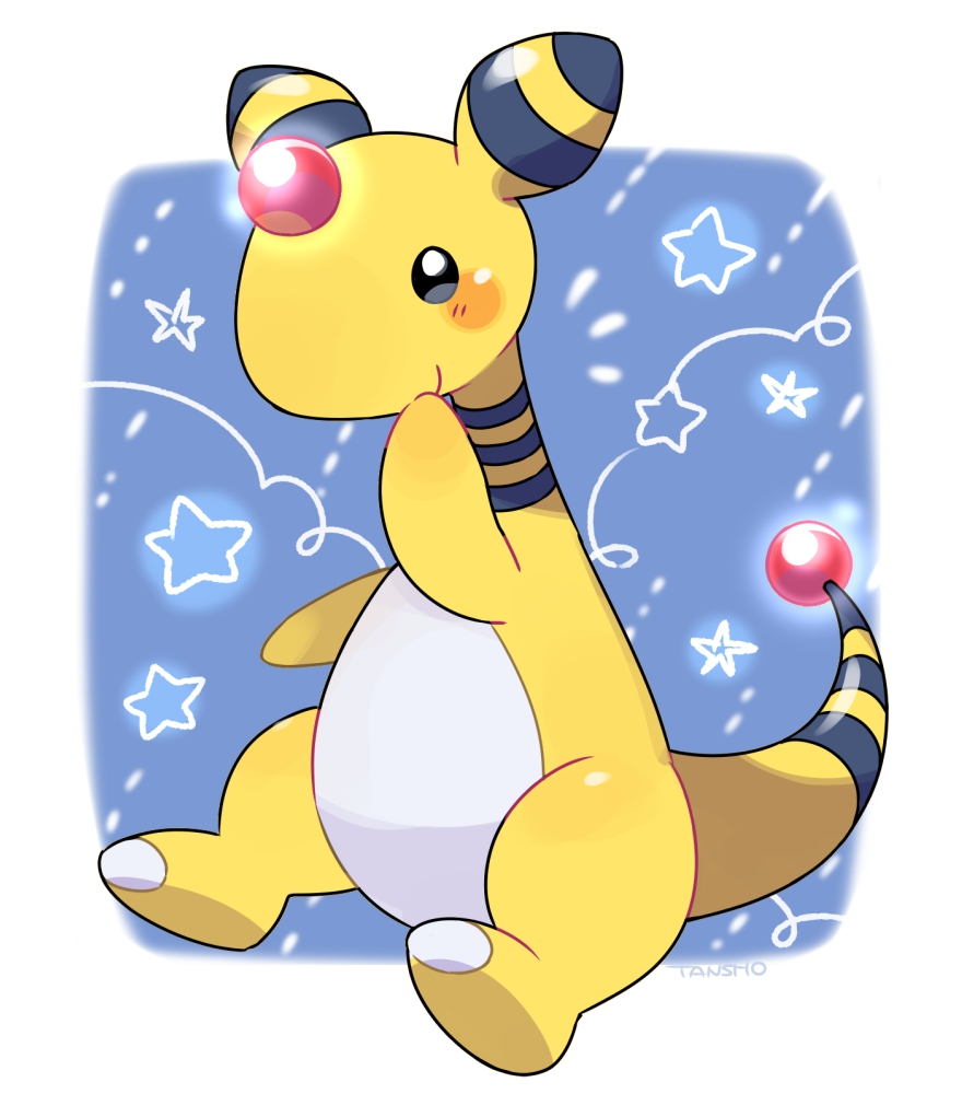 ampharos blue_eyes blush closed_mouth forehead_jewel full_body gen_2_pokemon nintendo pokemon pokemon_(creature) sitting smile solo tansho