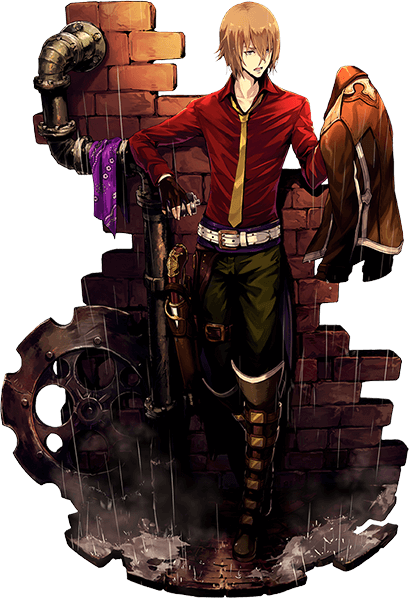 1boy belt boots brick_wall brown_boots brown_hair brown_jacket collared_shirt edgar_(ta_ga_tame_no_alchemist) fingerless_gloves full_body gears globe gloves gun holding holding_jacket holding_unworn_clothes holster industrial_pipe jacket long_sleeves looking_at_another male_focus necktie official_alternate_costume official_art open_mouth outdoors pants rain red_shirt rinzo second-party_source shirt short_hair solo standing ta_ga_tame_no_alchemist thigh_holster unworn_jacket weapon wet wet_hair white_belt yellow_necktie