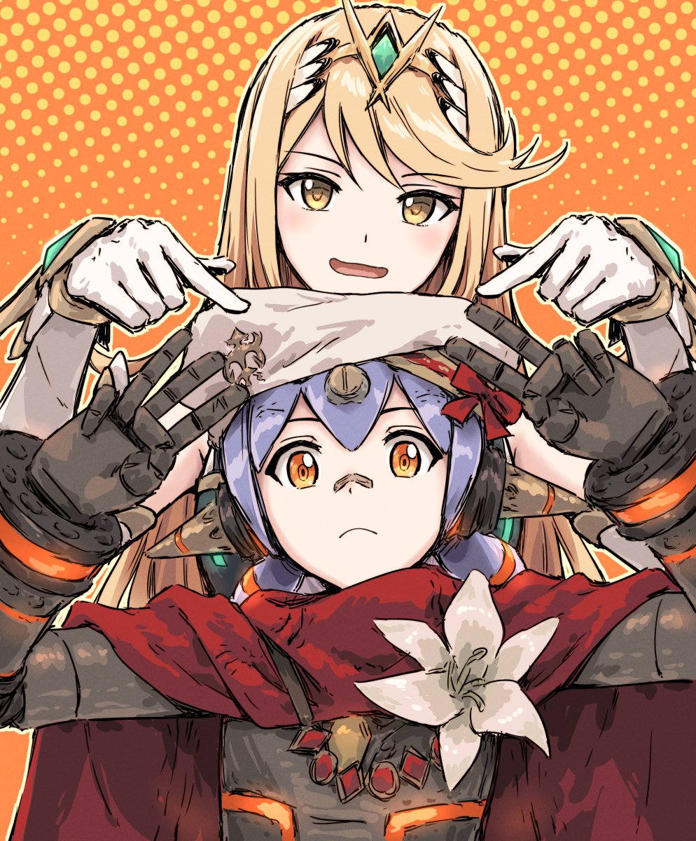 2girls android arms_up blonde_hair blue_hair bullfalk cape closed_mouth elbow_gloves flower frown gloves gold_tiara hair_between_eyes halftone halftone_background highres index_finger_raised lily_(flower) long_hair looking_at_viewer low_twintails multiple_girls mythra_(xenoblade) open_mouth orange_background orange_eyes outline poppi_(xenoblade) poppi_alpha_(xenoblade) red_cape scarf short_hair smile swept_bangs tiara twintails v very_long_hair w white_flower white_gloves white_scarf xenoblade_chronicles_(series) xenoblade_chronicles_2 yellow_eyes yellow_outline
