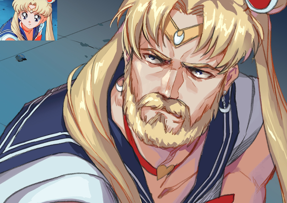 1boy 1girl beard bishoujo_senshi_sailor_moon bishoujo_senshi_sailor_moon_s blonde_hair blue_eyes blue_sailor_collar bow bowtie breasts choker cleavage closed_mouth commentary crescent crescent_earrings crossdressing derivative_work earrings english_commentary facial_hair from_side genderswap genderswap_(ftm) hair_ornament heart heart_choker jewelry kws male_focus manly meme mustache parted_bangs parted_lips red_choker red_neckwear reference_work sailor_collar sailor_moon sailor_moon_redraw_challenge_(meme) school_uniform screenshot_redraw serafuku sweatdrop tiara twintails upper_body