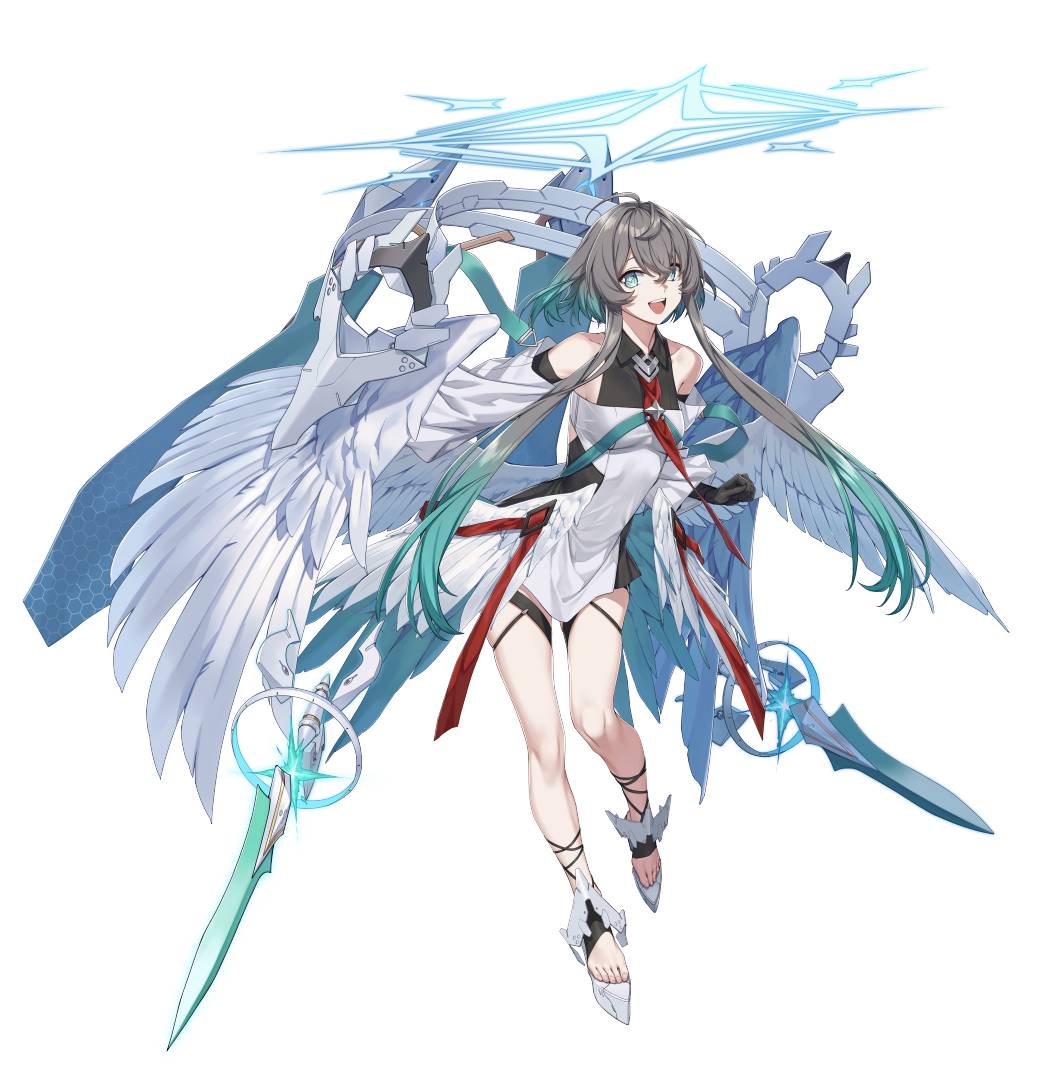 :d ahoge alpha_transparency angel angel_wings aqua_hair aqua_halo bare_shoulders black_gloves collarbone collared_dress commentary counter:side dagger detached_sleeves dress english_commentary feathered_wings floating floating_armor floating_object floating_weapon full_body gloves gradient_hair green_eyes grey_hair hair_between_eyes halo honeycomb_(pattern) knife long_sidelocks looking_at_viewer low_wings medium_hair multicolored_hair multiple_wings necktie noelle_(counter:side) official_art open_mouth red_necktie sidelocks simple_background smile strappy_heels tachi-e teeth transparent_background upper_teeth_only weapon white_wings wings