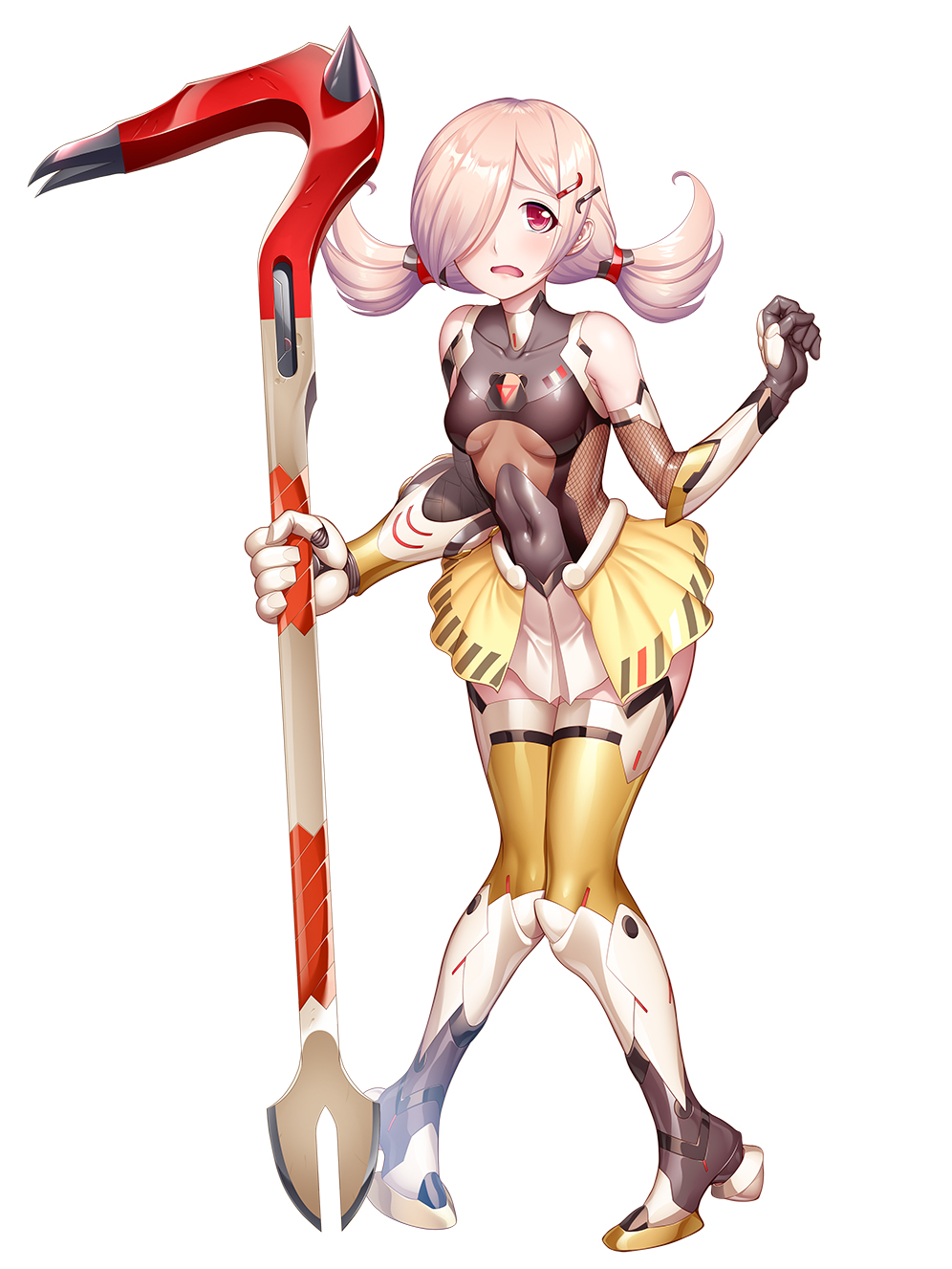 gloves hair_ornament hairclip highres holding holding_weapon ishikawa_amu legs_together lilith-soft official_art one_eye_covered open_mouth pink_hair red_eyes short_hair shy simple_background taimanin_(series) taimanin_rpgx taimanin_suit twintails weapon wrench zol