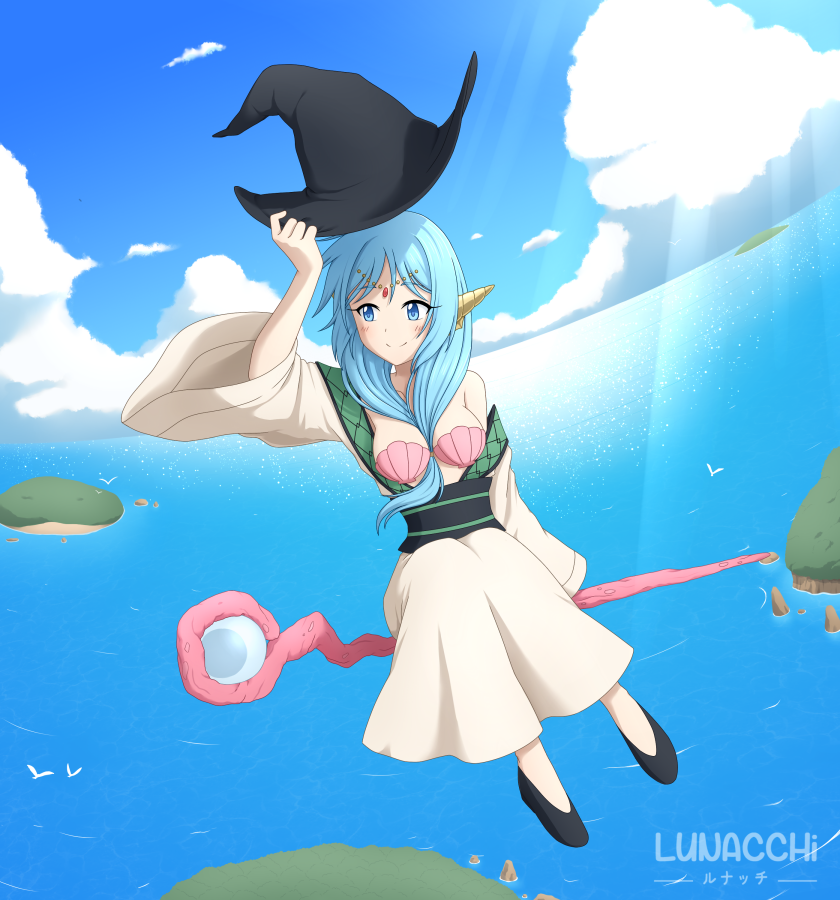 1girl arm_up artist_name bare_shoulders bikini bird black_shoes blue_eyes blue_hair blue_sky blush breasts closed_mouth cloud cloudy_sky collarbone commentary day female_focus flying front_ponytail hair_between_breasts hat hat_tip headgear holding holding_unworn_clothes holding_unworn_hat island long_hair long_sleeves looking_to_the_side lunacchi magi_the_labyrinth_of_magic medium_breasts ocean off_shoulder robe sash seashell shell shell_bikini shoes sitting sky smile solo staff staff_riding sunlight unworn_hat unworn_headwear white_robe wide_sleeves witch_hat yamuraiha