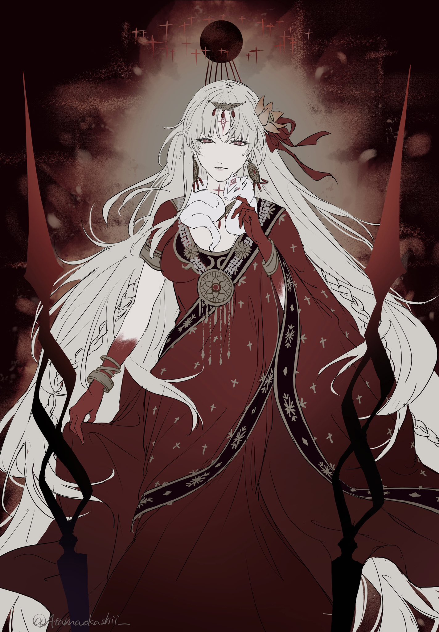 1girl body_markings bracelet breasts circlet colored_skin cropped_legs dress durga_(fate) durga_(second_ascension)_(fate) earrings facial_mark fate/grand_order fate_(series) flower forehead_mark gradient_skin hair_flower hair_ornament hair_ribbon highres indian_clothes jewelry large_breasts long_hair looking_at_viewer necklace red_dress red_eyes red_skin ribbon ruki_atamaokasii sari sash smile snake solo very_long_hair white_hair white_snake