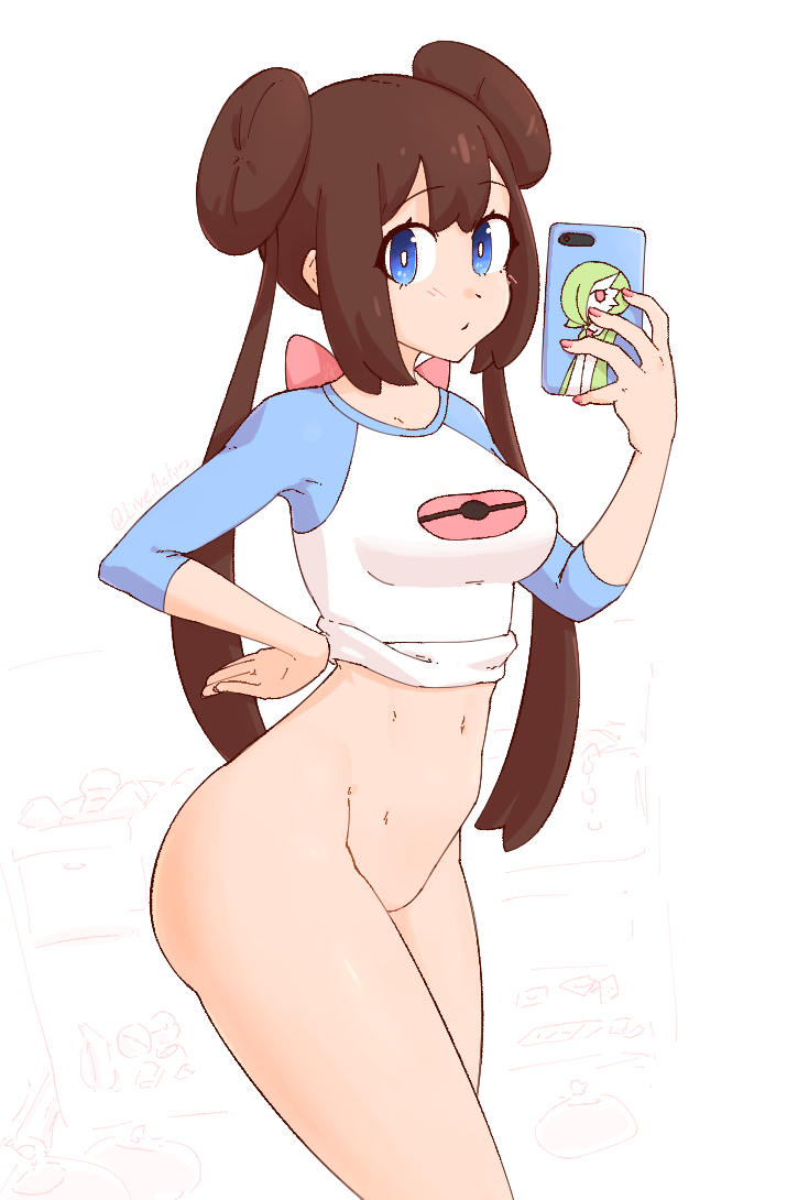 1girl animal_print ass back_bow blue_eyes blue_sleeves blush bottomless bow breasts brown_hair character_print closed_mouth clothes_lift cowboy_shot dot_mouth dot_nose double_bun eyes_visible_through_hair female_focus game_freak gardevoir gen_3_pokemon groin hair_bun hand_on_own_hip holding holding_phone legs_together liveactors long_hair looking_at_viewer medium_breasts navel nintendo phone pink_bow pink_nails poke_ball_print pokemon pokemon_bw2 raglan_sleeves raised_eyebrows rosa_(pokemon) shirt shirt_lift simple_background solo standing tareme three-quarter_sleeves white_background white_shirt