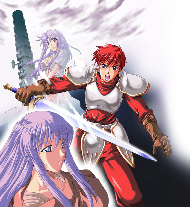 2girls adol_christin ancient_ys_vanished armor brown_gloves feena_(ys) gloves grey_eyes grey_robe holding holding_sword holding_weapon long_hair multiple_girls open_mouth pants parted_lips purple_hair reah_(ys) red_hair red_pants red_shirt retro_artstyle robe shirt sidelocks sword tower weapon xiacheng_tatsuya ys