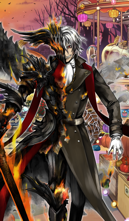 1boy antonio_salieri_(fate) antonio_salieri_(festival_outfit)_(fate) armor ascot bare_tree bat_(animal) black_armor black_boots black_coat black_pants boots burning burning_clothes buttons carousel coat commentary double-breasted fate/grand_order fate_(series) feet_out_of_frame flaming_weapon glaring gloves grey_hair halloween holding holding_weapon lapel_pin lapels long_sleeves looking_at_viewer male_focus notched_lapels official_art open_mouth orange_sky pants pfalz pinstripe_pants pinstripe_pattern pumpkin red_eyes red_scarf scarf sharp_teeth short_hair single_boot sky solo split_theme standing teeth third-party_source tree weapon white_ascot white_gloves
