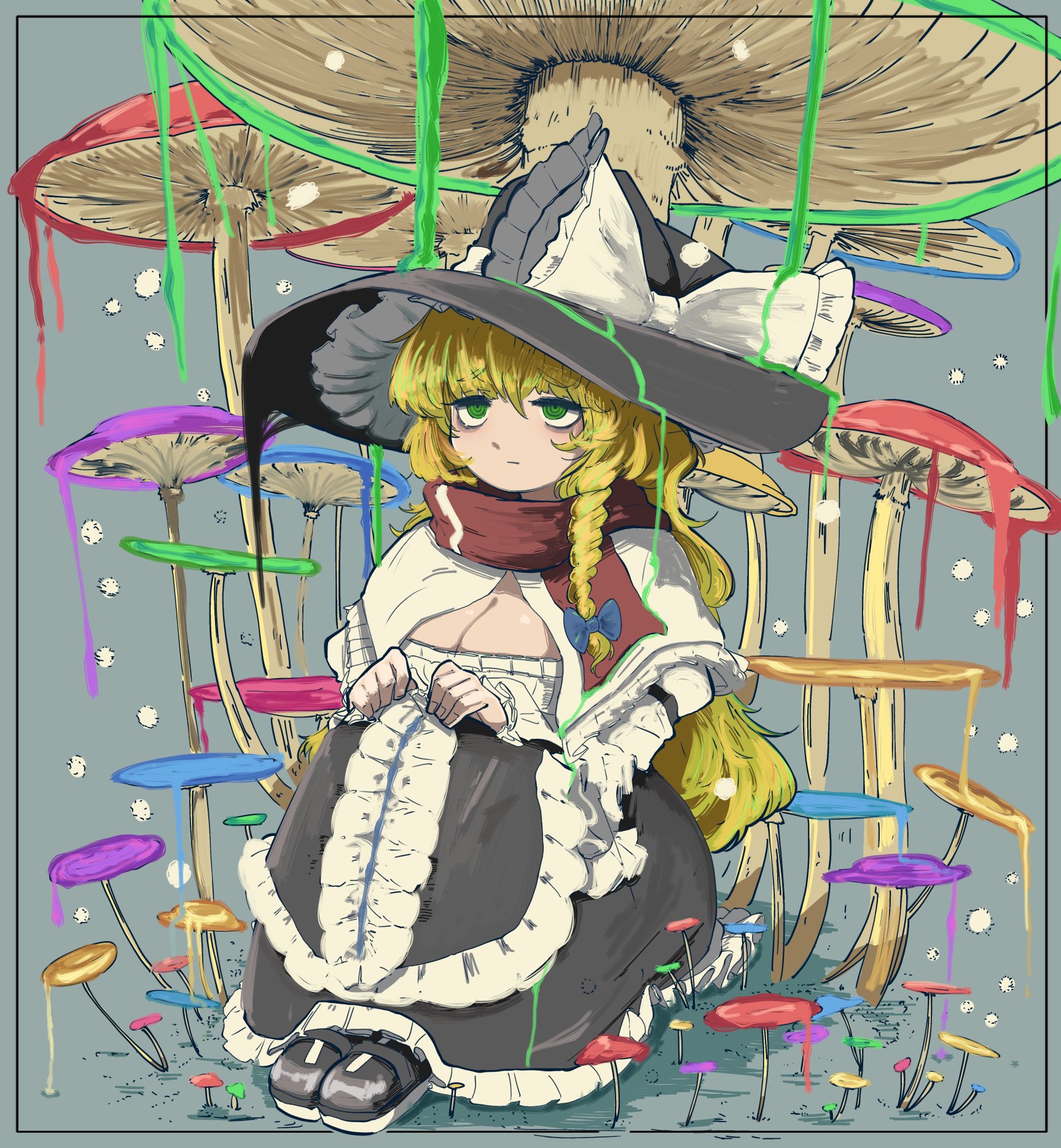 1girl bags_under_eyes black_hat black_shoes black_skirt blonde_hair blue_bow bow braid breasts cleavage closed_mouth cookie_(touhou) dripping expressionless frilled_skirt frills full_body green_eyes grey_background hair_bow hat hat_bow highres kirisame_marisa large_breasts long_hair long_skirt long_sleeves looking_afar mars_(cookie) mushroom odoro_(nicoseiga81184094) red_scarf ringed_eyes scarf shirt shoes side_braid single_braid sitting skirt solo touhou white_bow white_shirt witch_hat
