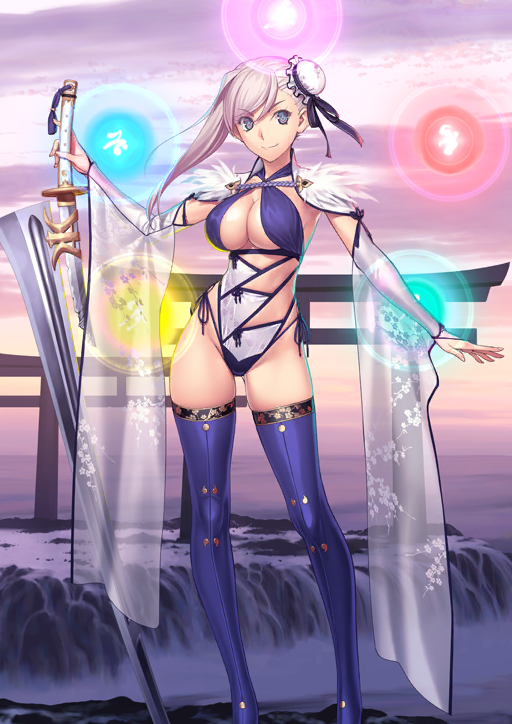 1girl black_ribbon blue_eyes blue_thighhighs breasts bun_cover cleavage cleavage_cutout closed_mouth clothing_cutout cloud contrapposto criss-cross_halter detached_sleeves fate/grand_order fate_(series) feet_out_of_frame fur_trim game_cg gluteal_fold groin hair_bun halterneck hand_up highleg highleg_one-piece_swimsuit holding holding_sword holding_weapon huge_weapon koyama_hirokazu large_breasts long_sleeves looking_to_the_side miyamoto_musashi_(fate) miyamoto_musashi_(fate/grand_order) miyamoto_musashi_(swimsuit_berserker)_(fate) miyamoto_musashi_(swimsuit_berserker)_(third_ascension)_(fate) official_art one-piece_swimsuit orb pink_hair purple_background purple_one-piece_swimsuit ribbon short_hair_with_long_locks side-tie_one-piece_swimsuit single_side_bun single_sidelock smile solo standing swept_bangs swimsuit sword thighhighs third-party_source toes torii two-tone_one-piece_swimsuit v-shaped_eyebrows variant_set weapon white_one-piece_swimsuit wide_sleeves