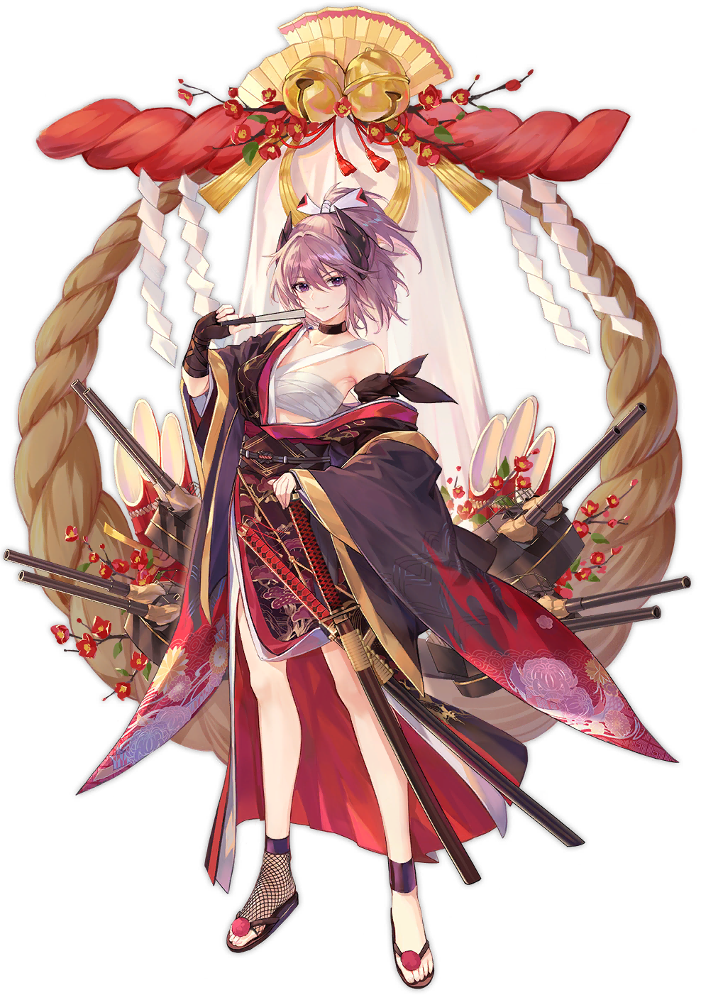 1girl azur_lane bamboo bare_legs bare_shoulders bell black_kimono breasts cannon criin_(659503) female_focus fingerless_gloves fishnet_socks fishnets floral_print flower full_body gloves hand_fan highres holding holding_fan horns japanese_clothes jingle_bell katana kimono kirishima_(azur_lane) kirishima_(casual_dazzle)_(azur_lane) long_hair long_sleeves looking_at_viewer medium_breasts new_year off_shoulder official_alternate_costume official_art ponytail purple_eyes purple_hair red_flower rope sarashi sheath sheathed shide ship_turret slippers socks solo standing sword transparent_background weapon wide_sleeves