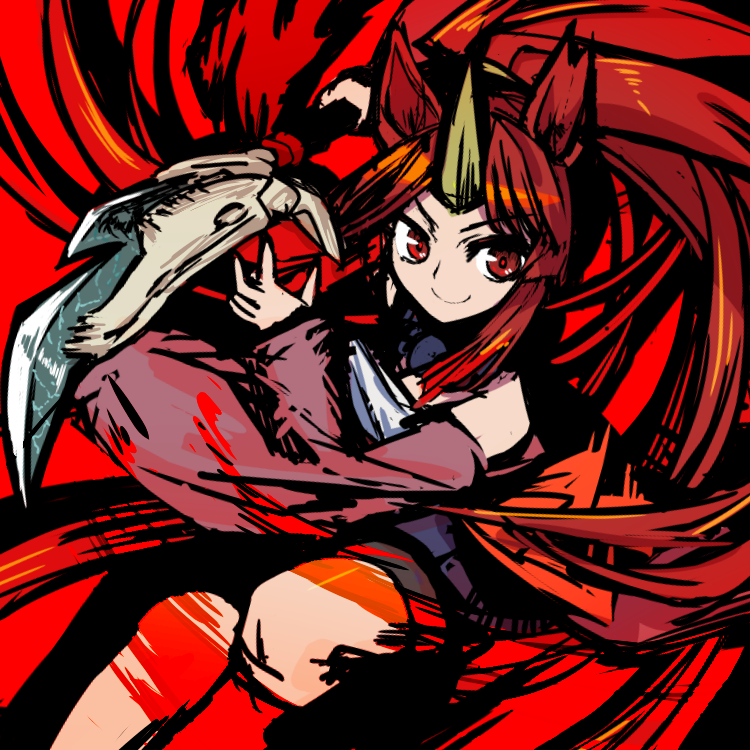 1girl animal_ears anmita_(rarutos) closed_mouth detached_sleeves horns horse_ears horse_girl infinite_blade_pavilion long_sleeves original red_eyes red_hair red_sleeves single_horn sketch smile solo touhou umakakeba_sekito v-shaped_eyebrows wide_sleeves