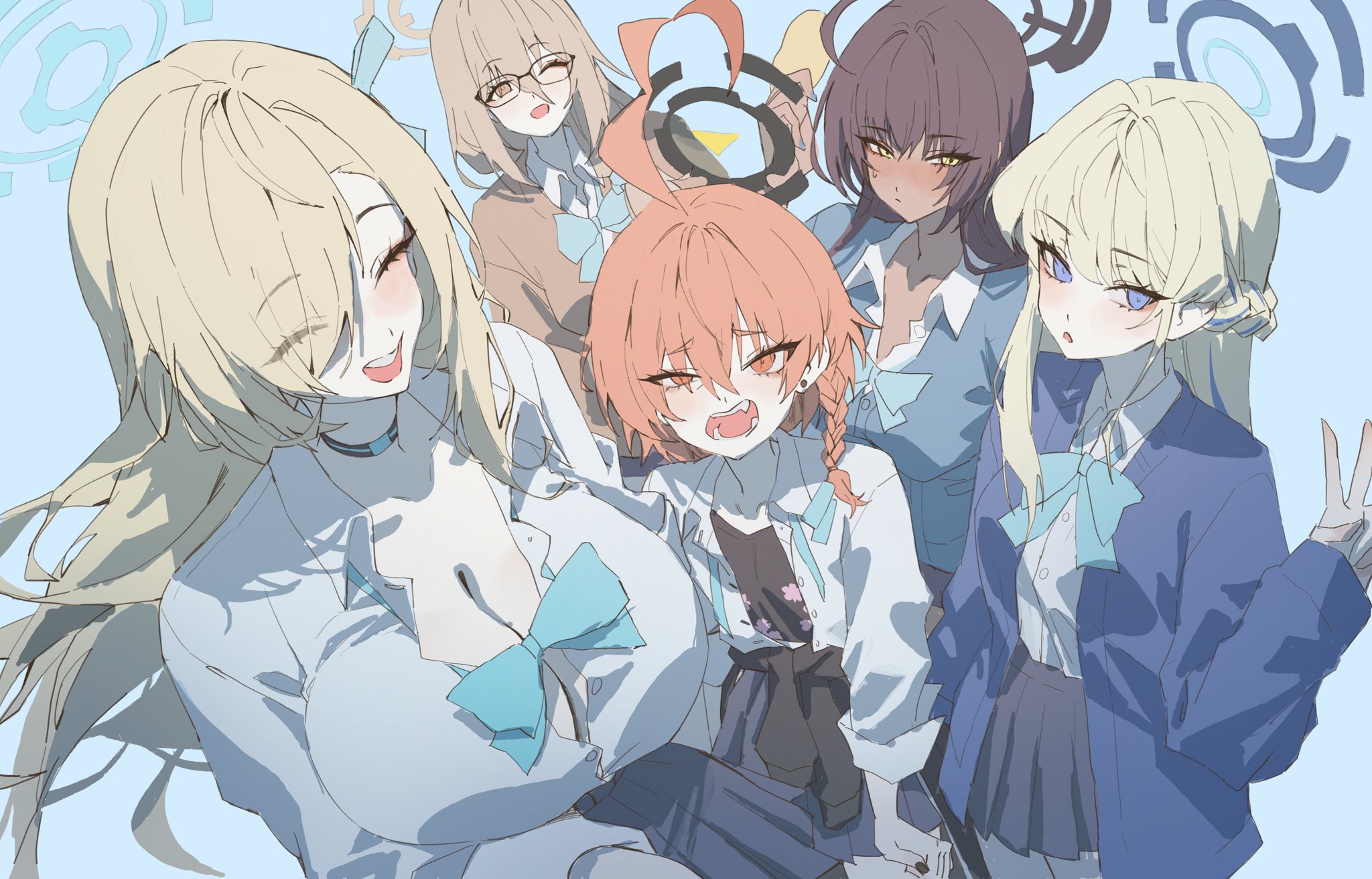 ahoge akane_(blue_archive) akane_(school_uniform)_(blue_archive) asuna_(blue_archive) asuna_(school_uniform)_(blue_archive) blonde_hair blue_archive blue_ribbon breasts cleaning_&amp;_clearing_(blue_archive) cleavage commentary dark_skin halo highres karin_(blue_archive) karin_(school_uniform)_(blue_archive) neru_(blue_archive) neru_(school_uniform)_(blue_archive) netural red_hair ribbon school_uniform toki_(blue_archive) toki_(school_uniform)_(blue_archive)