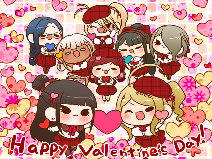 6+girls :&gt; akamatsu_kaede alternate_costume antenna_hair beret black-framed_eyewear black_eyes black_hair blonde_hair blue_hair blunt_bangs blunt_ends boots bow bowtie braid breasts brown_capelet brown_footwear brown_hair brown_hairband brown_pantyhose brown_scrunchie brown_thighhighs capelet chabashira_tenko chibi closed_mouth commentary_request danganronpa_(series) danganronpa_v3:_killing_harmony dark-skinned_female dark_skin earrings eyelashes eyes_visible_through_hair floral_background frilled_skirt frilled_sleeves frills fur-trimmed_boots fur_trim furrowed_brow glasses grid_background hair_between_eyes hair_bow hair_bun hair_ornament hair_over_one_eye hair_scrunchie hairband hand_on_own_cheek hand_on_own_face happy happy_valentine harukawa_maki hat hat_ribbon heart heart_earrings heart_hair_ornament high-waist_skirt iruma_miu jewelry large_breasts light_blush long_hair long_sleeves looking_at_viewer low-tied_long_hair low_twintails miniskirt mole mole_under_eye mole_under_mouth multicolored_background multiple_girls nervous nervous_smile one_eye_closed open_mouth outstretched_arm pantyhose pink_bow pink_bowtie pink_ribbon pink_scrunchie plaid_bow plaid_capelet plaid_clothes plaid_hairband plaid_pantyhose plaid_scrunchie plaid_skirt plaid_thighhighs pleated_skirt ponytail red_bow red_footwear red_hat red_skirt ribbon round_eyewear scrunchie sharing shirogane_tsumugi shirt short_twintails side_braid simple_background single_braid single_hair_bun skirt sleeves_past_wrists smile solid_oval_eyes straight_hair thighhighs tojo_kirumi tongue twintails two-tone_scrunchie unmoving_pattern v-shaped_eyebrows valentine very_long_hair wavy_hair wavy_mouth white_eyes white_hair white_shirt yonaga_angie yumaru_(marumarumaru) yumeno_himiko