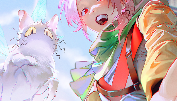 1boy blue_sky commentary_request creature day detached_sleeves dita_iliner duckchuni from_below godzylla_(saibou_shinkyoku) green_scarf korean_commentary male_focus pink_hair red_eyes saibou_shinkyoku scarf shirt sky smile teeth upper_teeth_only white_shirt yellow_sleeves