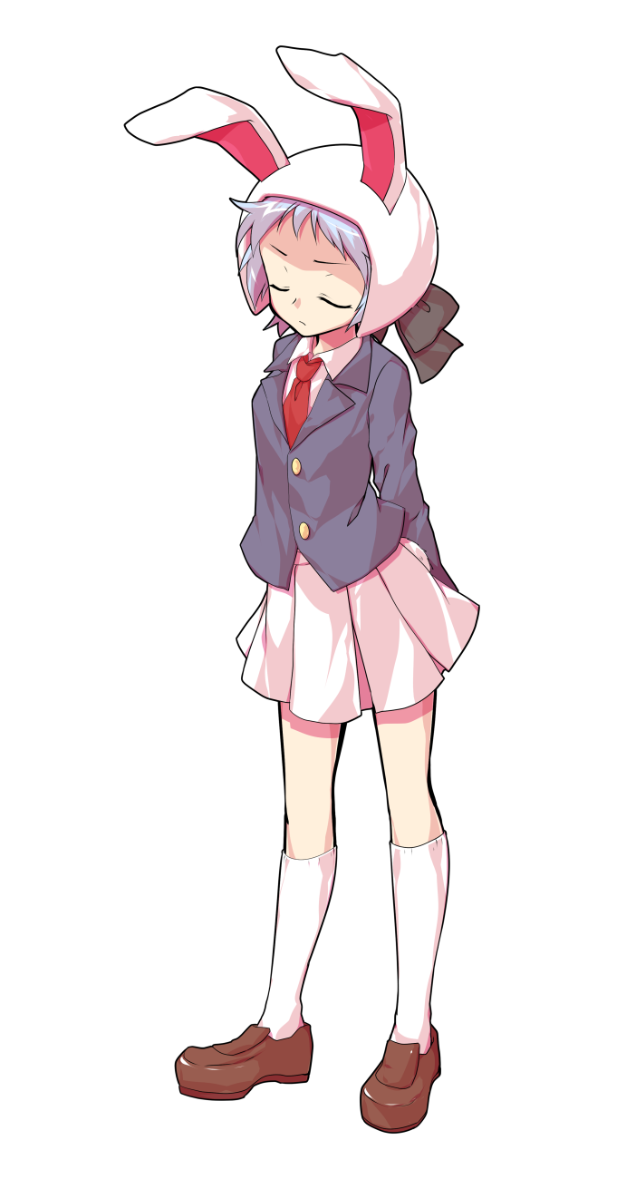 1girl animal_ears arms_behind_back black_jacket brown_shoes closed_eyes closed_mouth collared_shirt commentary_request dairi ears_through_hood full_body grey_hair highres hood hood_up jacket kneehighs large_variant_set loafers long_sleeves moon_rabbit_extra_(touhou) necktie pleated_skirt rabbit_ears red_necktie shirt shoes short_hair skirt socks solo standing tachi-e touhou transparent_background v-shaped_eyebrows variant_set white_shirt white_skirt white_socks