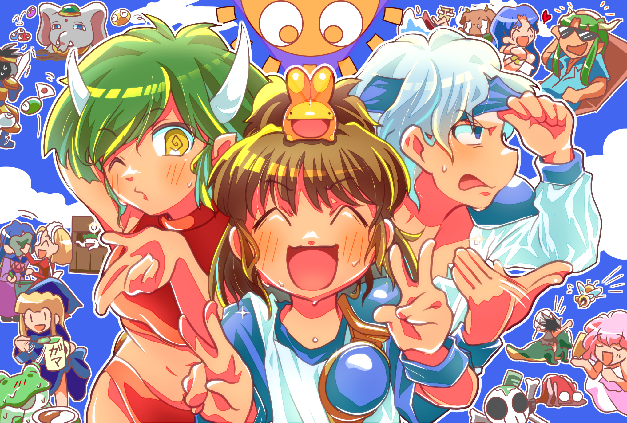 arle_nadja blonde_hair blue_eyes blue_hair blue_sky carbuncle_(puyopuyo) draco_centauros green_hair harpy_(puyopuyo) highres horns kikimora_(puyopuyo) mika_pu pink_hair puyo_(puyopuyo) puyopuyo rulue_(puyopuyo) satan_(puyopuyo) schezo_wegey sky sweat tagme white_hair witch_(puyopuyo) yellow_eyes zoh_daimaoh