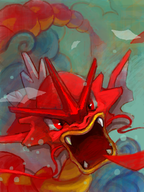 alternate_color cloud color_contrast commentary cross-eyed d&amp;p fangs flying fog gen_1_pokemon gradient_background gyarados midair nintendo no_humans oekaki open_mouth pokemon pokemon_(creature) pokemon_focus red_eyes shiny_pokemon sky solo spot_color tail tegaki xiangyun
