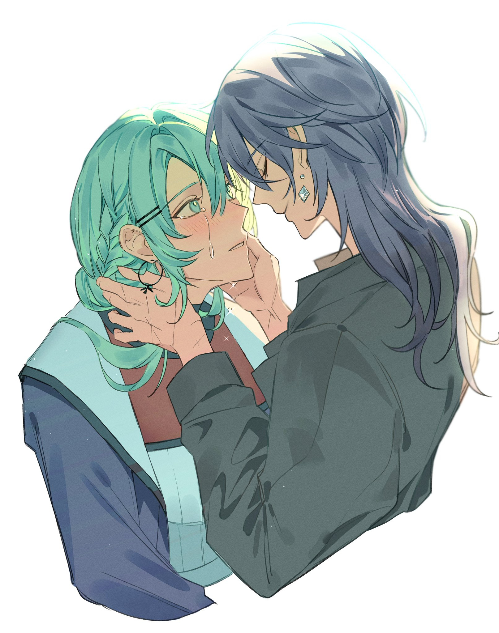2girls aqua_eyes aqua_hair black_shirt blue_jacket blush braid bright_pupils chief_(path_to_nowhere) closed_eyes closed_mouth collared_jacket collared_shirt commentary_request cropped_torso crying crying_with_eyes_open diamond_earrings earrings expressionless eyelashes face-to-face female_chief_(path_to_nowhere) grey_hair hair_between_eyes hair_ornament hairclip half_up_half_down_braid hand_on_another's_cheek hand_on_another's_face hand_on_another's_neck heads_together highres jacket jewelry long_hair long_sleeves looking_at_another multiple_girls nightingale_(path_to_nowhere) open_clothes open_jacket parted_lips path_to_nowhere pointy_nose red_shirt sad scar scar_on_hand shirt short_hair_with_long_locks simple_background teardrop tears toho10min two-sided_fabric two-sided_jacket two-tone_shirt updo white_background white_pupils white_shirt yuri