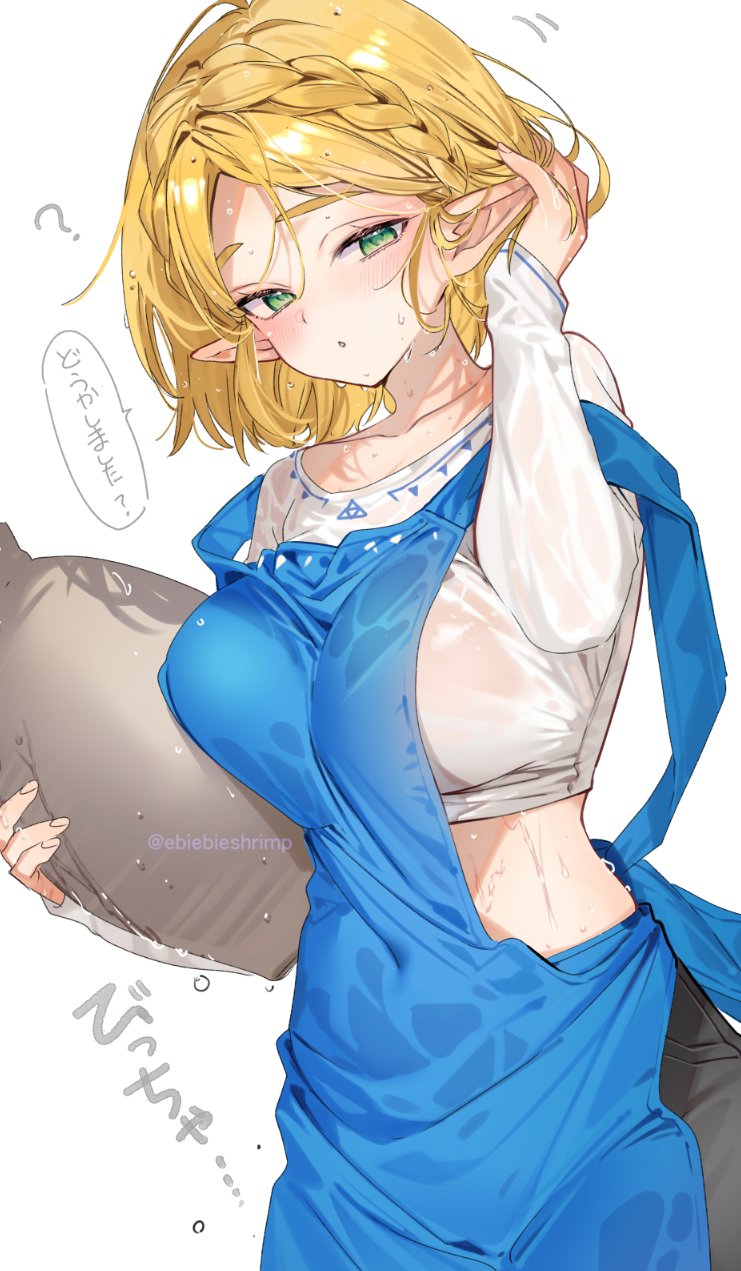 1girl ? adjusting_hair apron black_pants blonde_hair blue_apron braid breast_press breasts commentary_request crown_braid green_eyes highres holding holding_vase large_breasts long_sleeves looking_at_viewer midriff nintendo open_mouth paid_reward_available pants pointy_ears princess_zelda shirt shuri_(84k) solo speech_bubble the_legend_of_zelda the_legend_of_zelda:_tears_of_the_kingdom translation_request wet wet_clothes wet_hair wet_shirt white_shirt