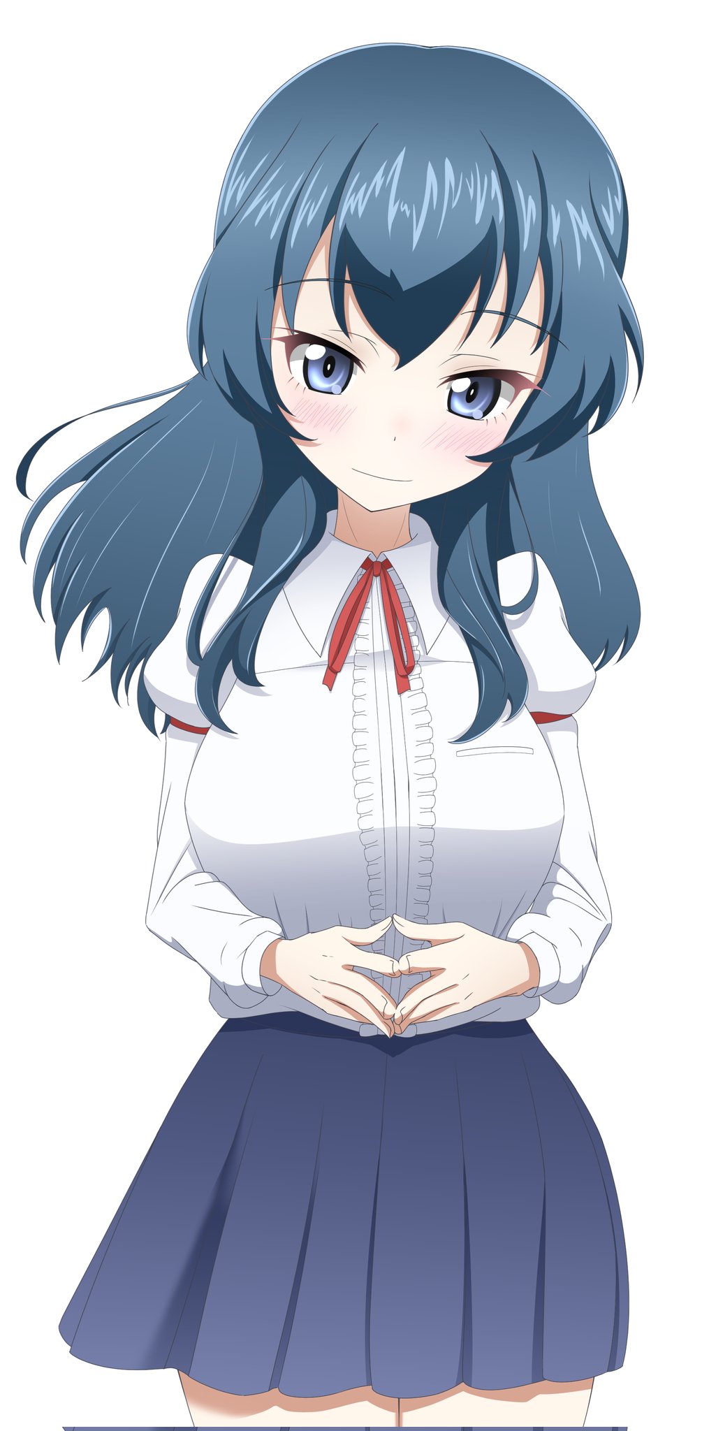 1girl artist_request blue_eyes blue_hair blue_skirt breasts collared_shirt eclair_(girls_und_panzer) frilled_shirt frills girls_und_panzer girls_und_panzer_gekitou!_maginot-sen_desu!! highres juliet_sleeves large_breasts long_hair long_sleeves maginot_school_uniform miniskirt pleated_skirt puffy_sleeves red_ribbon ribbon school_uniform shirt skirt white_shirt