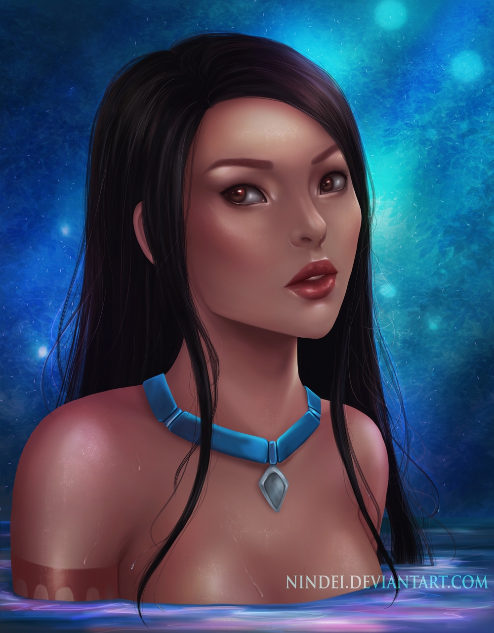 1girl artist_name black_hair brown_eyes dark-skinned_female dark_skin highres jewelry long_hair looking_at_viewer native_american necklace nindei partially_submerged pocahontas_(disney) pocahontas_(movie) solo upper_body water watermark web_address