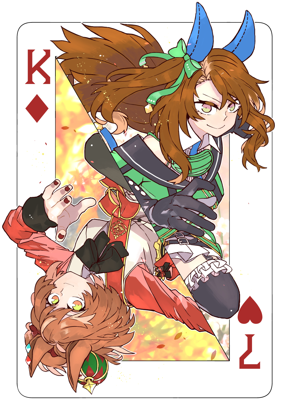 2girls animal_ears ascot aston_machan_(umamusume) asuka_(junerabitts) black_ascot black_gloves black_thighhighs commission crown ear_covers floating_hair frilled_thighhighs frills garter_straps gloves highres horse_ears horse_girl king_(playing_card) king_halo_(umamusume) king_of_diamonds looking_at_viewer mini_crown multiple_girls poker red_nails red_shirt rotational_symmetry seven_of_hearts shirt skeb_commission smile thighhighs umamusume yellow_eyes