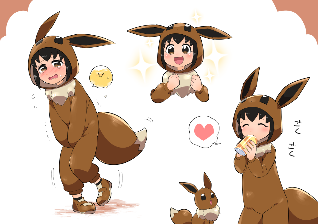 &gt;_&lt; 1girl :3 animal_ears between_legs black_eyes black_hair black_legwear blush brown_eyes brown_footwear can clenched_hands closed_eyes cosplay drinking eevee eevee_(cosplay) embarrassed fake_animal_ears fake_tail female_focus flat_chest flying_sweatdrops full_body gen_1_pokemon half-closed_eyes hand_between_legs hands_up happy have_to_pee heart holding hood japanese_text kigurumi knees_together_feet_apart leg_up long_sleeves looking_at_another looking_at_viewer looking_up multiple_views nintendo nose_blush open_mouth own_hands_together pigeon-toed poke_kid_(pokemon) pokemon pokemon_swsh pokemon_tail shoes short_hair simple_background sitting smile socks speech_bubble spoken_heart standing standing_on_one_leg suzumushi_(tanpopo_cha) sweat tail tears translated trembling upper_body urine_meter v_arms white_background