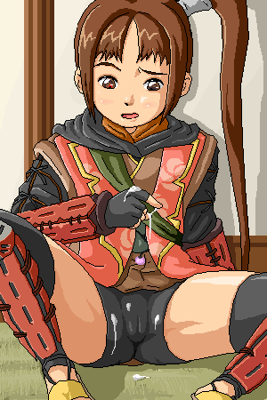 1girl bike_shorts brown_eyes brown_hair cameltoe capcom cum cum_on_clothes female_focus isu lowres oekaki onimusha onimusha:_dawn_of_dreams ponytail solo spread_legs yagyu_jubei_akane yagyuu_juubei_(dawn_of_dreams)