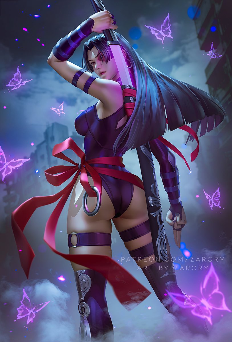 1girl ass black_hair breasts earrings elbow_gloves gloves highleg highleg_leotard highres holding holding_sword holding_weapon jewelry leotard long_hair looking_at_viewer marvel marvel_rivals psylocke psylocke_(vengeance) purple_eyes purple_leotard sash solo superhero_costume sword thighhighs weapon x-men zarory