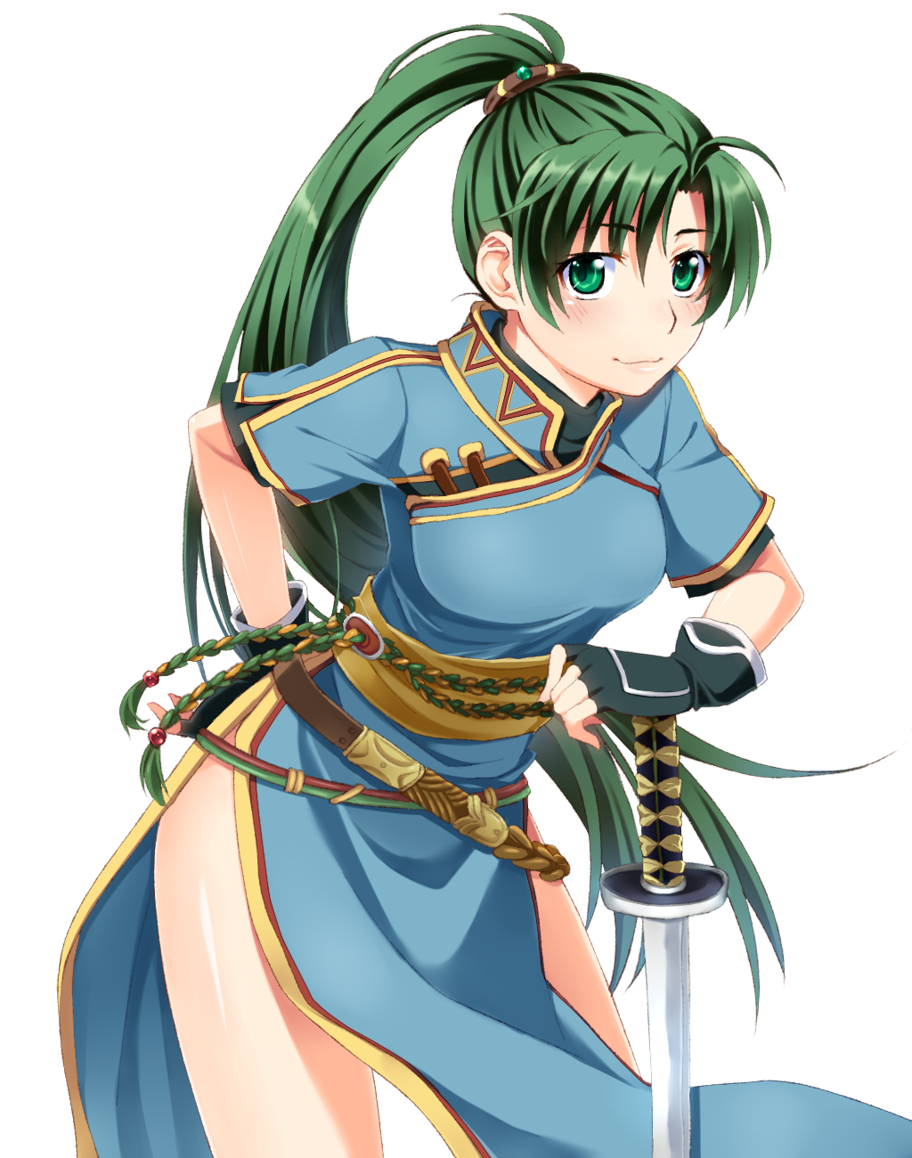 1girl blush dress female_focus fire_emblem fire_emblem:_the_blazing_blade green_eyes green_hair hand_on_hilt highres long_hair lyn_(fire_emblem) matching_hair/eyes nintendo pelvic_curtain ponytail side_slit smile solo sword very_long_hair weapon yuki_(sumaburalove)