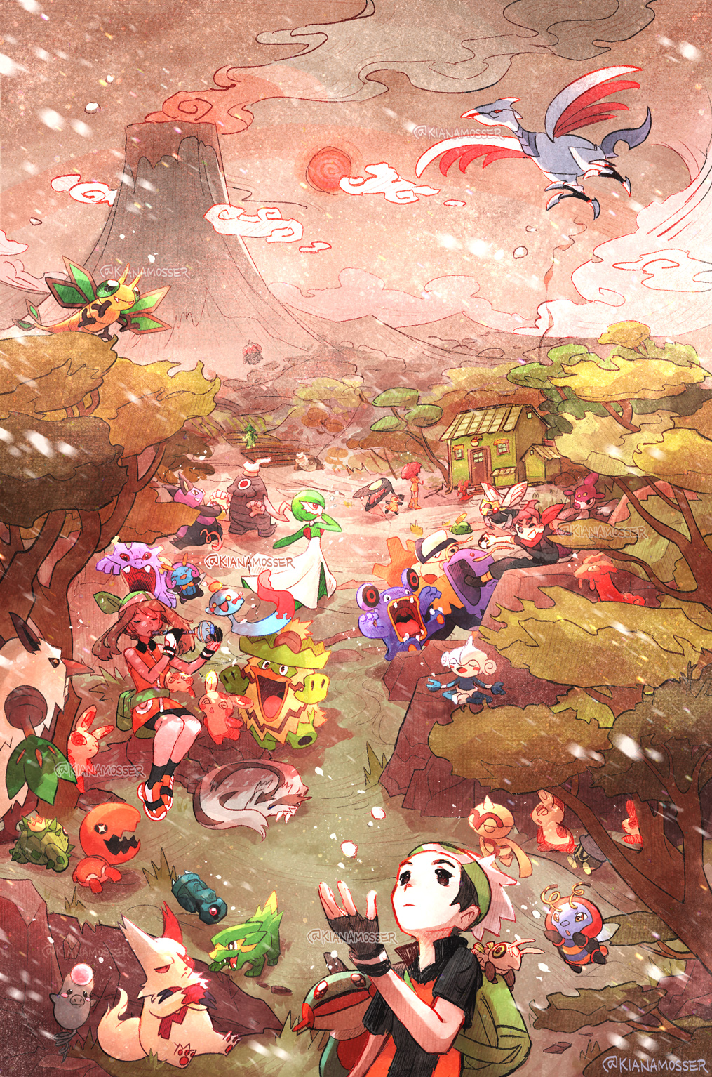 2boys 2girls backpack bag baltoy bandana beanie beldum bike_shorts black_hair black_shirt black_socks brendan_(pokemon) brown_hair building cacnea chimecho closed_mouth commentary door dress dusclops electrike fanny_pack fingerless_gloves gardevoir gen_2_pokemon gen_3_pokemon gloves grass green_bag green_bandana grumpig gulpin hariyama hat highres holding illumise kianamosser loudred ludicolo marshtomp mawile may_(pokemon) medicham meditite multiple_boys multiple_girls nincada ninja_boy_(pokemon) ninjask nintendo orange_dress orange_shoes outdoors parasol_lady_(pokemon) pokemon pokemon_(creature) pokemon_emerald pokemon_rse seedot shiftry shirt shoes short_hair short_sleeves sitting skarmory sleeveless sleeveless_dress slugma socks spinda spoink trapinch tree twitter_username vibrava volbeat volcano watermark window zangoose