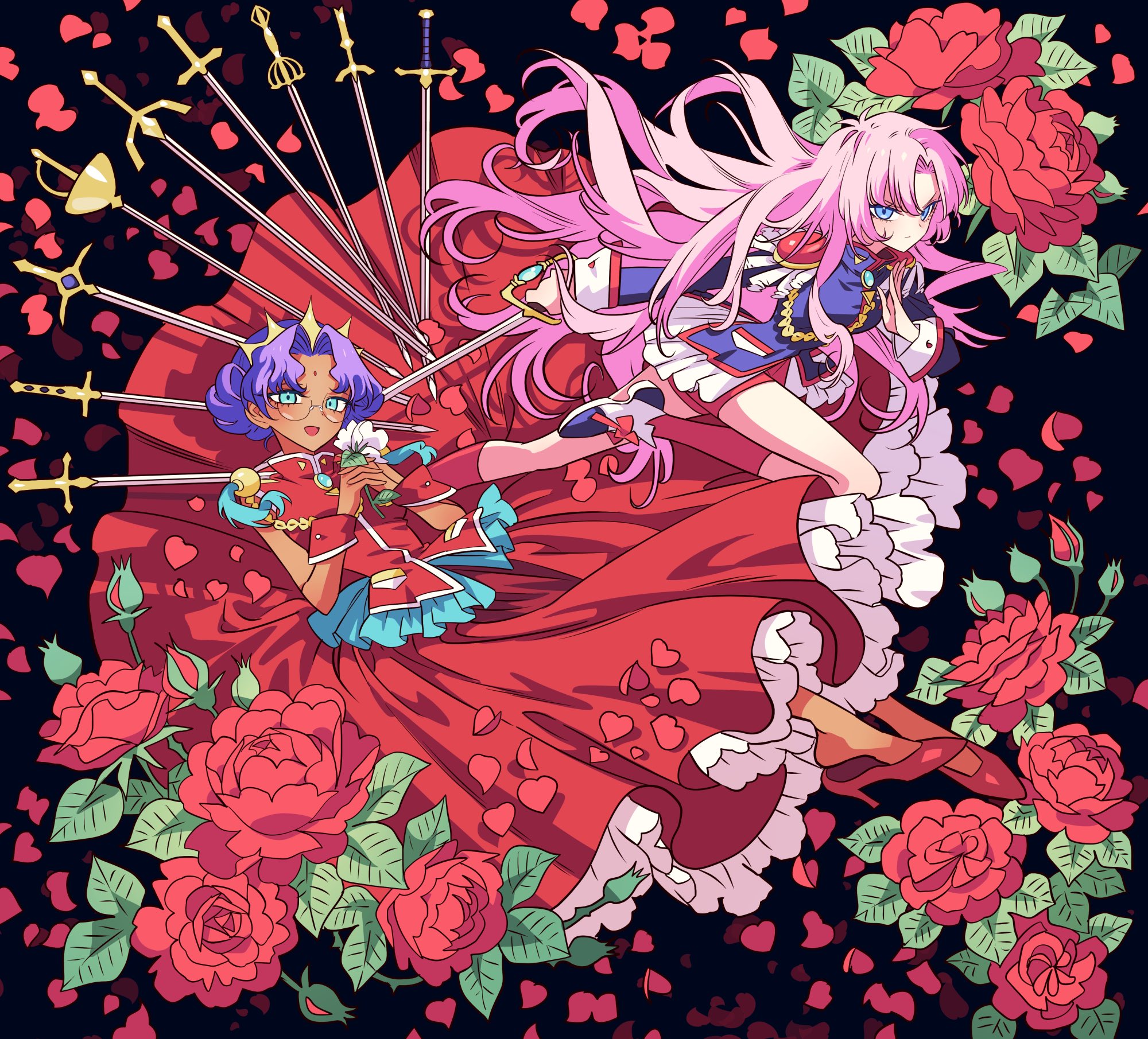 2girls black_background blue_eyes blue_jacket dark-skinned_female dark_skin falling_petals flower glasses heart heart-shaped_petals highres himemiya_anthy jacket long_hair meremero military_uniform multiple_girls petals pink_hair red_flower red_footwear red_rose red_skirt rose shoujo_kakumei_utena skirt sword tenjou_utena very_long_hair weapon