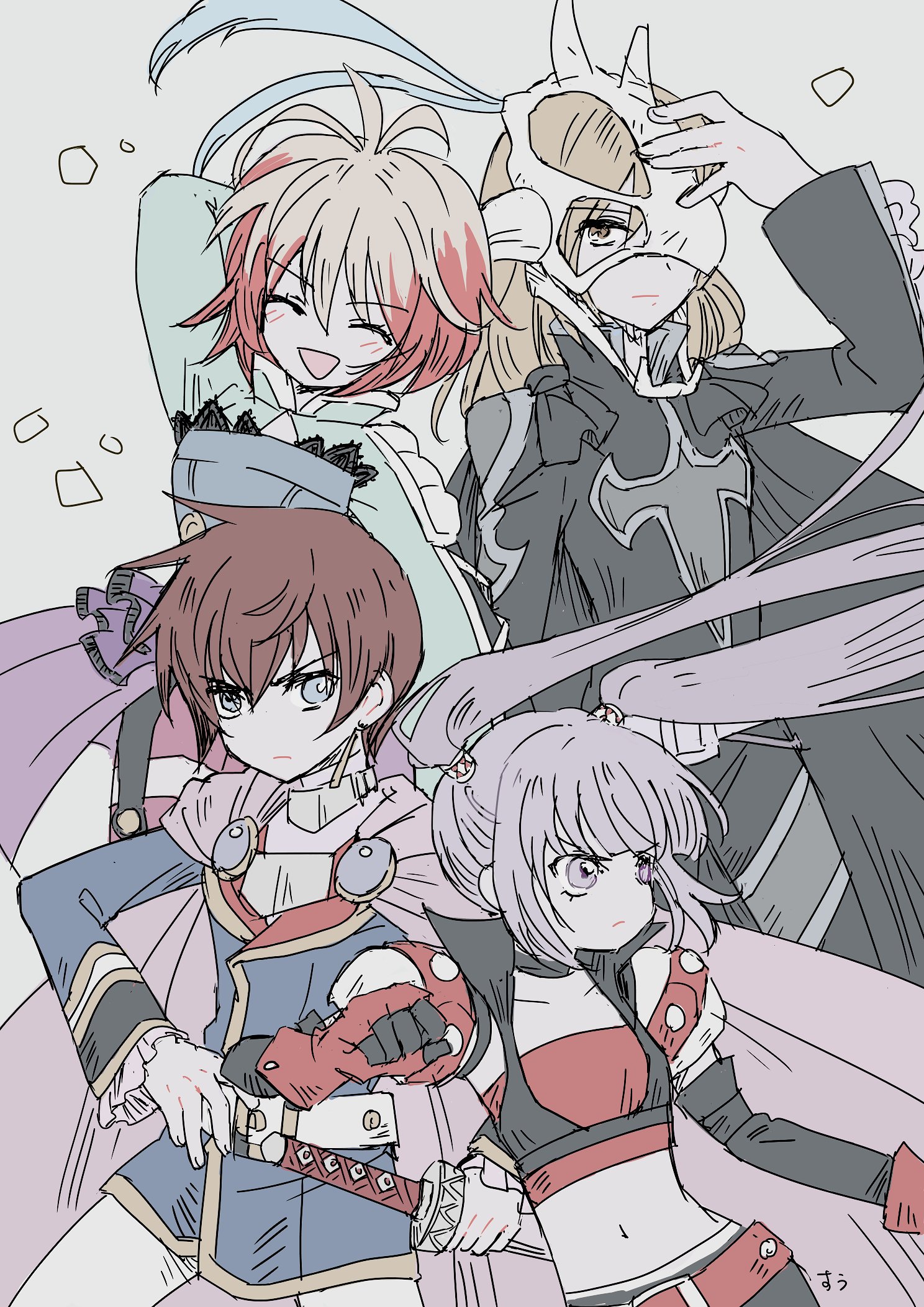 2boys 2girls asbel_lhant cosplay harold_berselius highres in-franchise_crossover judas_(tales) leon_magnus mask multiple_boys multiple_girls pascal_(tales) purple_hair richard_(tales) rutee_katrea skull_mask sophie_(tales) suuu178 tales_of_(series) tales_of_destiny tales_of_destiny_2 tales_of_graces