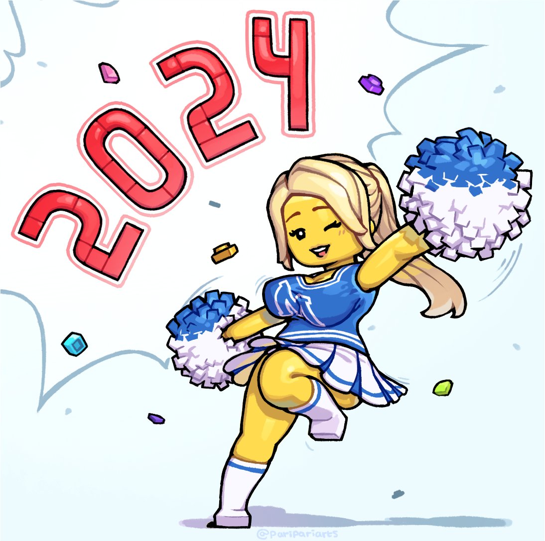 1girl 2024 blonde_hair blue_shirt breasts cheerleader cheerleader_(lego) colored_skin commentary english_commentary holding holding_pom_poms large_breasts lego_minifig long_hair meen one_eye_closed pom_pom_(cheerleading) pom_poms ponytail shadow shirt skirt smile socks solo the_lego_group white_footwear white_skirt white_socks yellow_skin