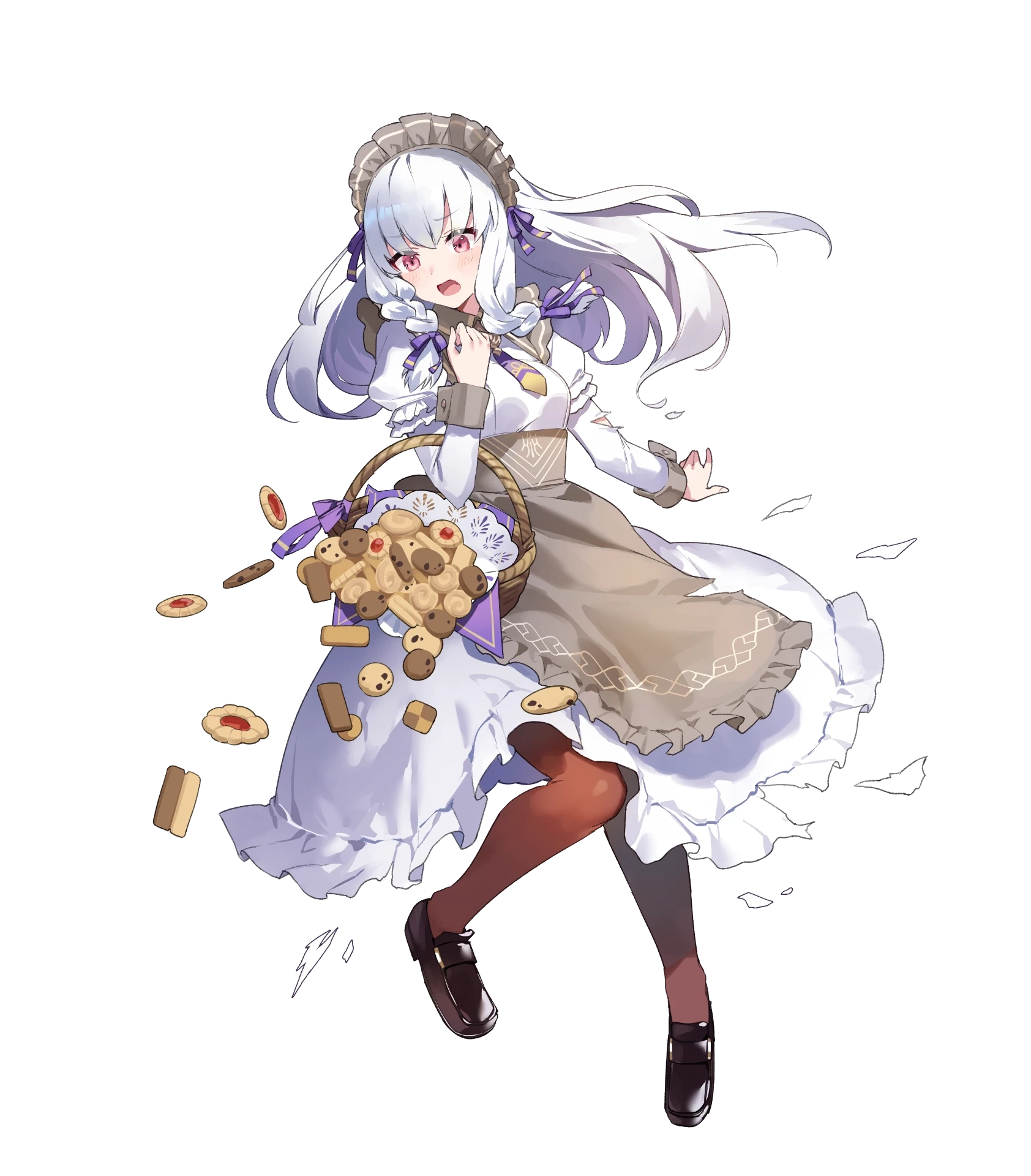 1girl alternate_costume amagasa_yun apron basket blush braid breasts cookie dress fire_emblem fire_emblem:_three_houses fire_emblem_heroes food frills full_body hair_ornament highres long_hair long_skirt long_sleeves lysithea_von_ordelia lysithea_von_ordelia_(tea_party) maid maid_headdress nintendo non-web_source official_art open_mouth pantyhose puffy_sleeves red_eyes shoes skirt small_breasts solo torn_clothes torn_skirt torn_sleeves transparent_background twin_braids wrist_cuffs