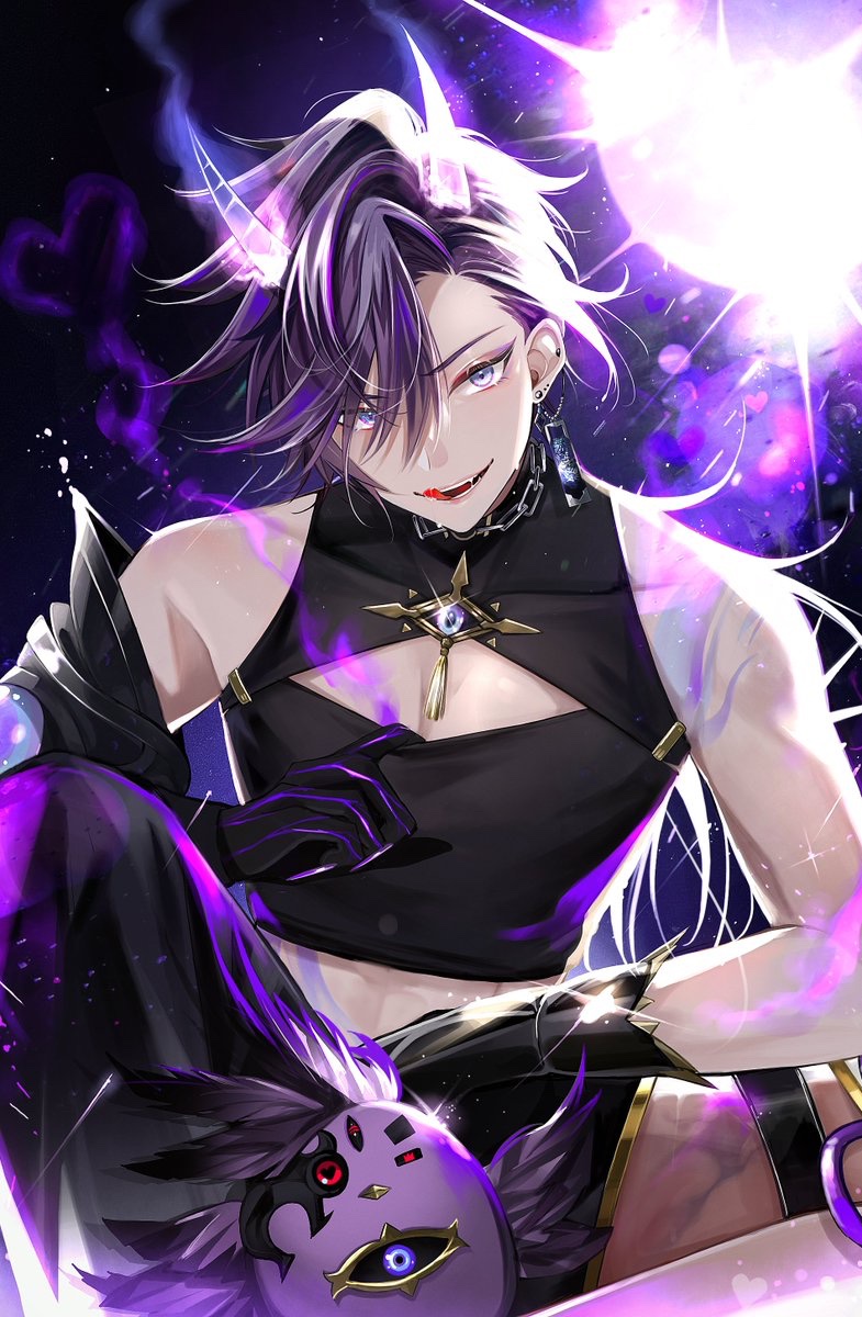 1boy arm_on_own_leg arm_rest arm_tattoo asymmetrical_pants banzoin_hakka banzoin_hakka_(3rd_costume) bird black_shirt black_skin chain chain_necklace cleavage_cutout clothing_cutout colored_extremities colored_skin crop_top cropped_shirt crown_(artist) earrings fangs feet_out_of_frame hakkito_(banzoin_hakka) highres holostars holostars_english horns jewelry knee_up licking_lips male_focus midriff necklace official_alternate_costume ofuda ofuda_earrings purple_background purple_eyes purple_hair shirt shirt_tug short_hair sitting talisman tattoo thigh_strap tongue tongue_out tsurime virtual_youtuber