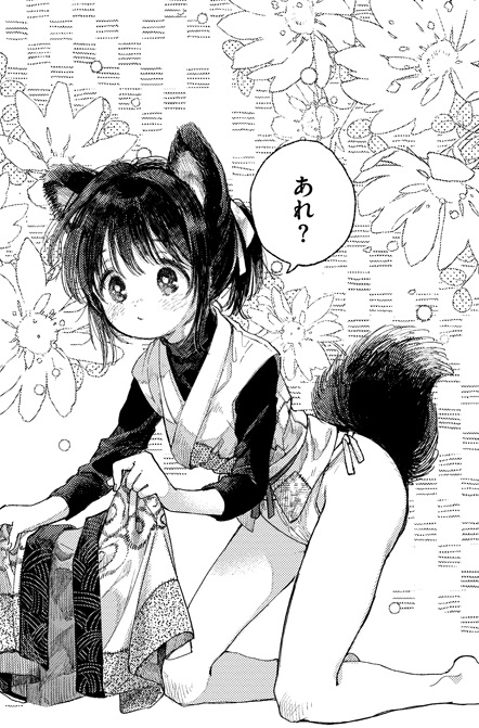 1girl animal_ears flower fold-over_collar greyscale itou_hachi japanese_clothes long_sleeves monochrome original panties ponytail side-tie_panties solo speech_bubble tail underwear