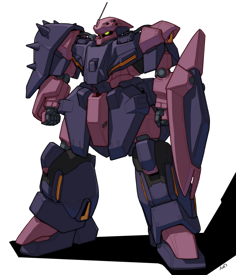color_variation colored_lineart commentary_request derivative_work exposed_internal_machinery glowing glowing_eye gun gundam gundam_hathaway&#039;s_flash machine_gun machinery mecha mecha_focus messer_(mobile_suit) messer_emerelda_zubin_custom mobile_suit no_humans one-eyed radio_antenna red_eyes robot science_fiction shadow shield shoulder_spikes signature solo spikes tessaku_ro weapon white_background