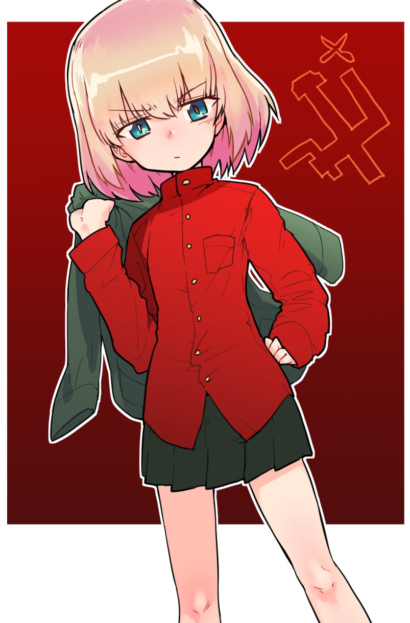 1girl black_skirt blonde_hair blue_eyes blush closed_mouth emblem girls_und_panzer green_jacket hand_on_own_hip highres jacket jacket_over_shoulder katyusha_(girls_und_panzer) looking_at_viewer military_uniform miniskirt monolith_(suibou_souko) pravda_(emblem) pravda_military_uniform red_shirt shirt short_hair skirt solo unworn_jacket
